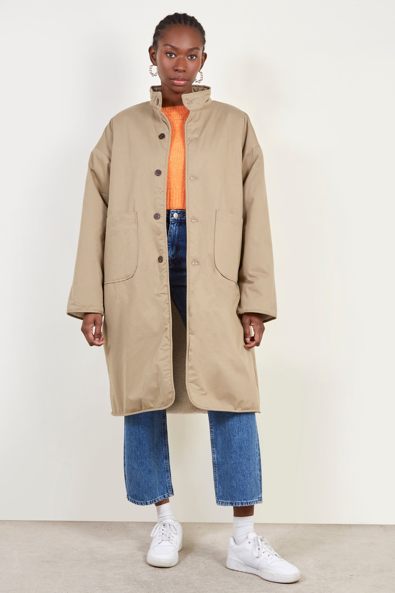 Khaki and ivory reversible teddy parka_1