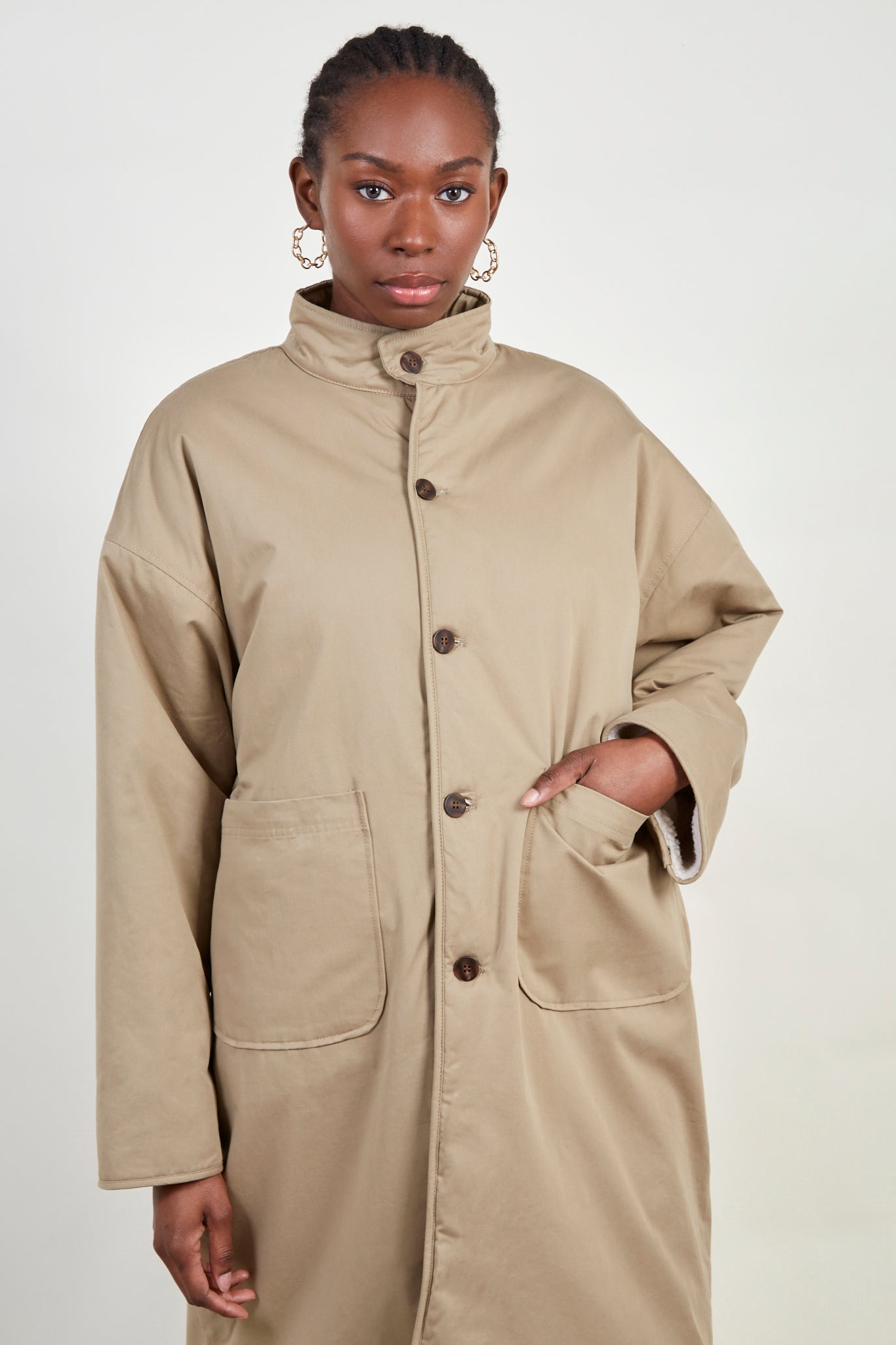 Khaki and ivory reversible teddy parka_4