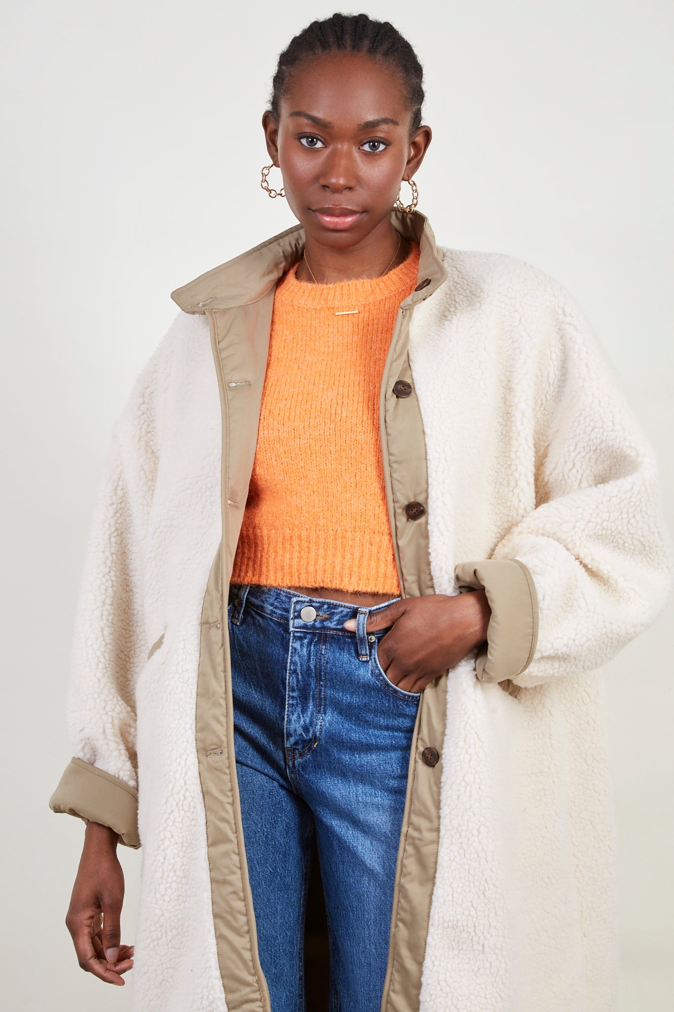 Khaki and ivory reversible teddy parka_6