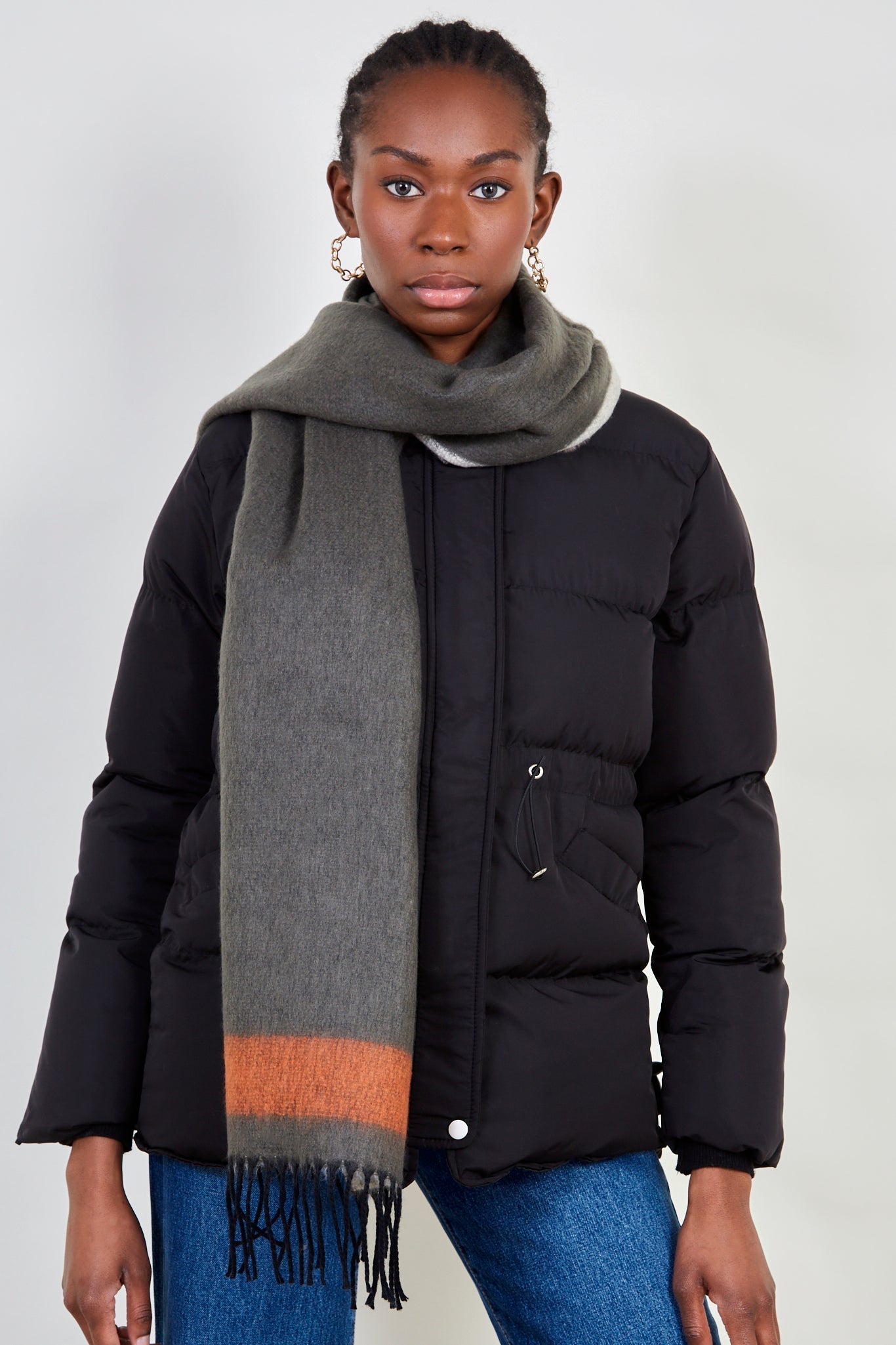 Khaki and orange contrast block fringe scarf_3