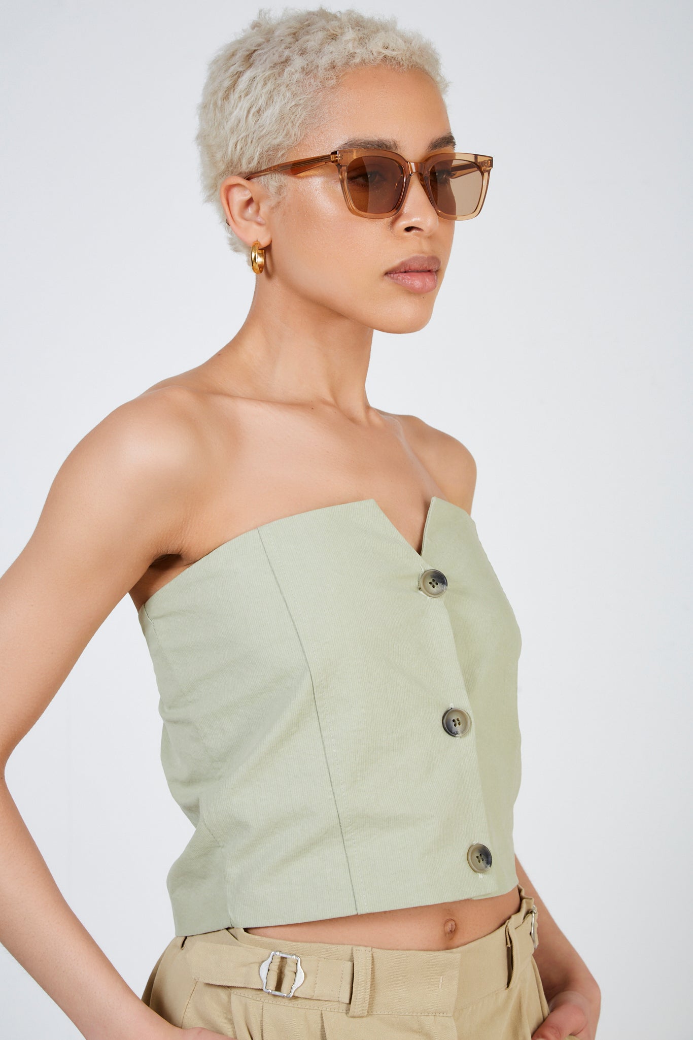 Khaki button front strapless top_1