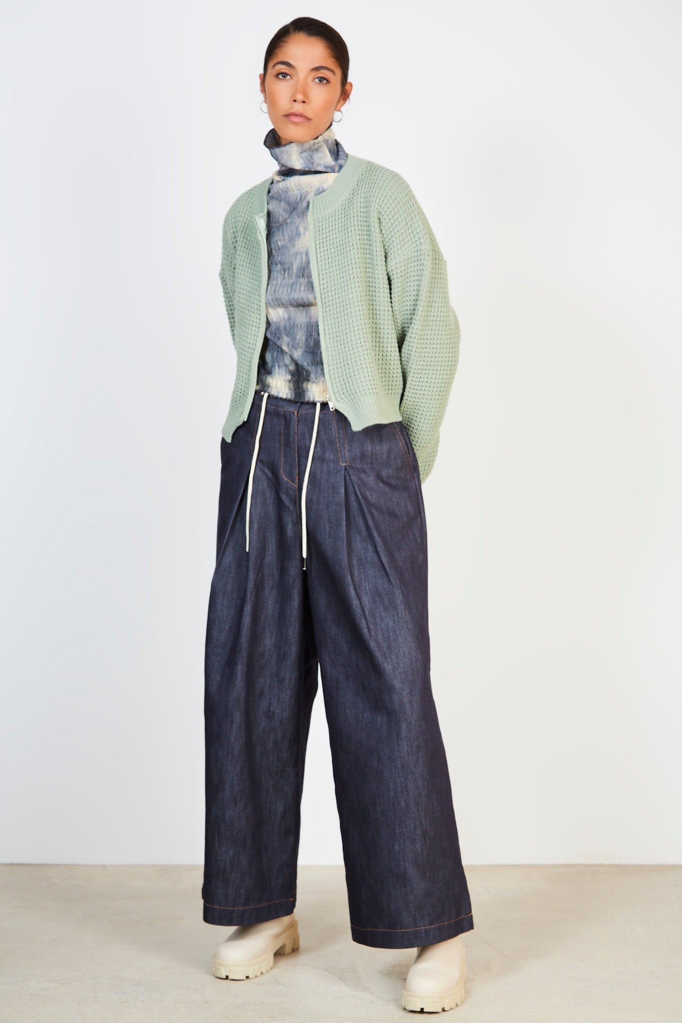 Khaki waffle knit zip cardigan_3