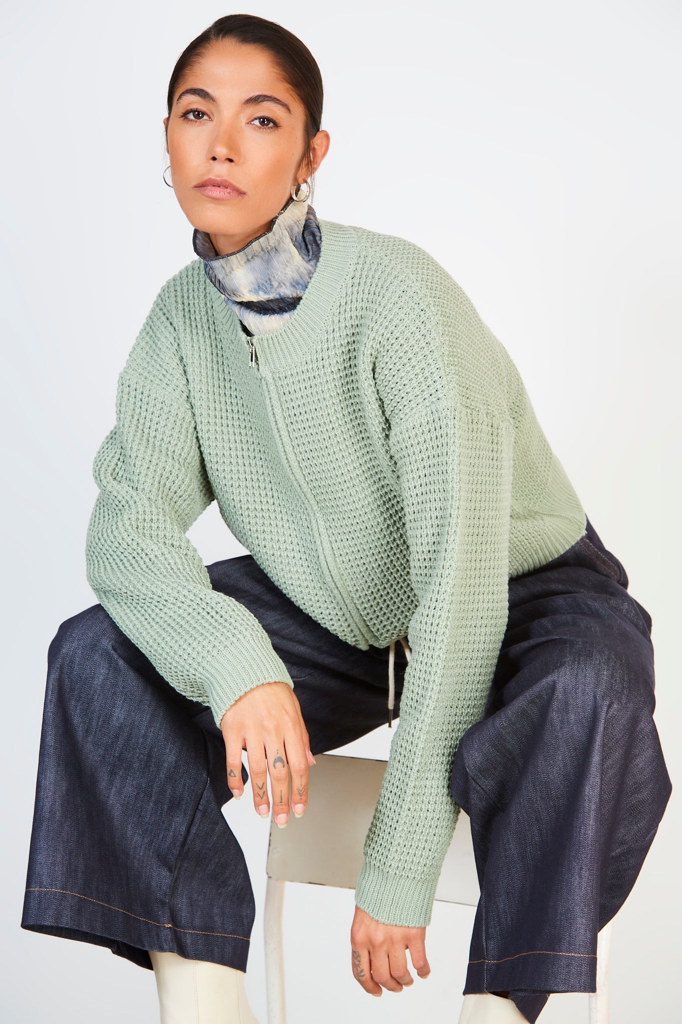 Khaki waffle knit zip cardigan_5