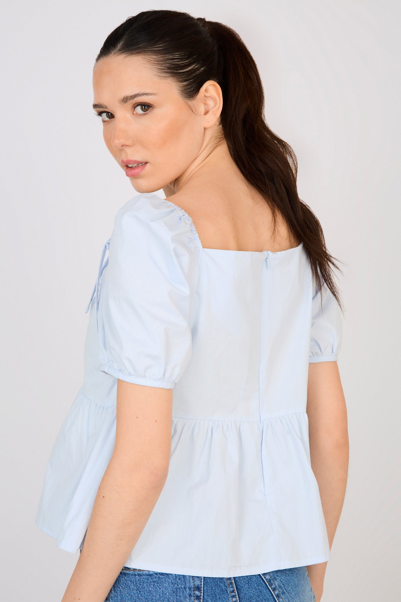 Light blue double bow puff short sleeve top_2