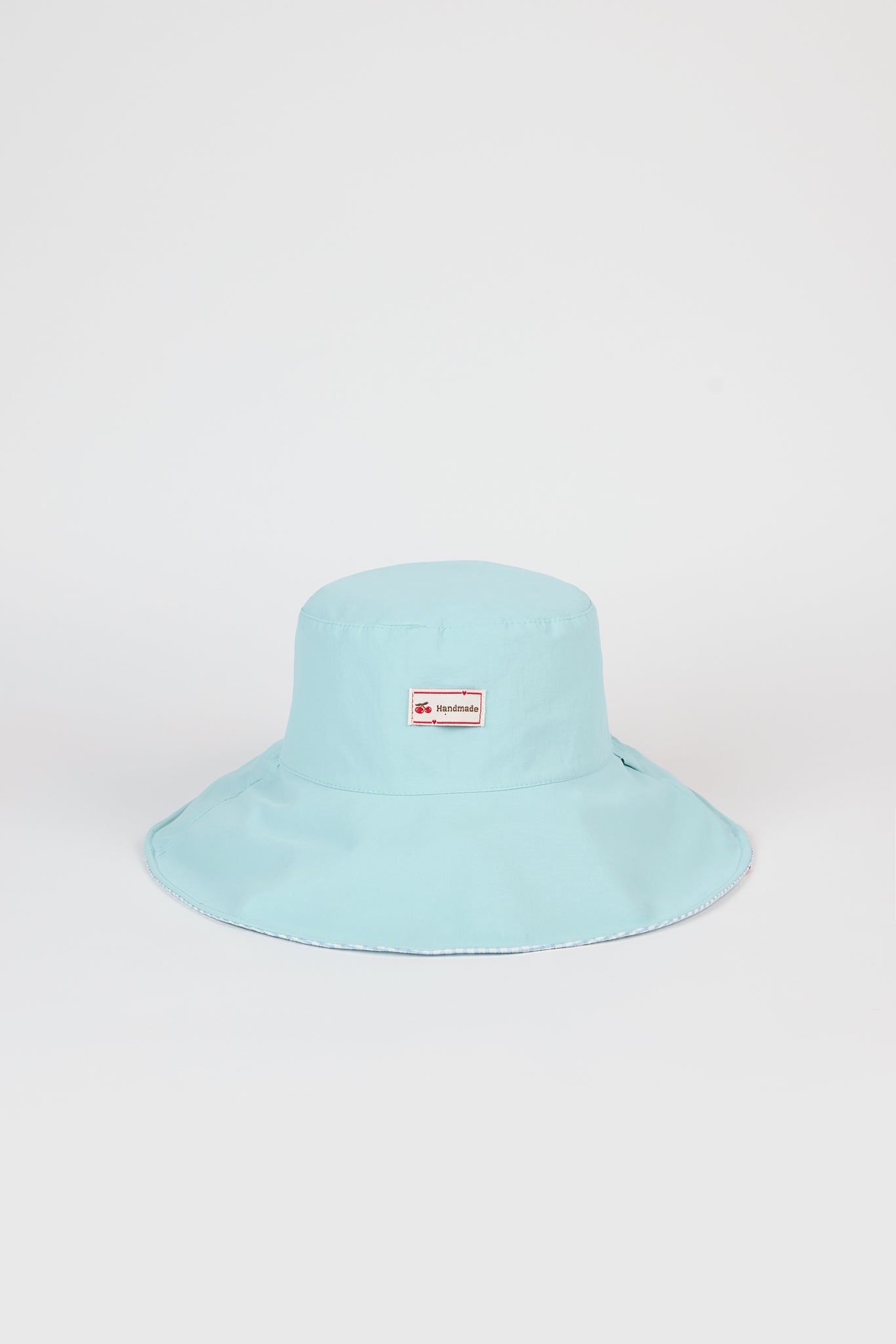 Light blue gingham embroidered cherry reversible sun hat_4