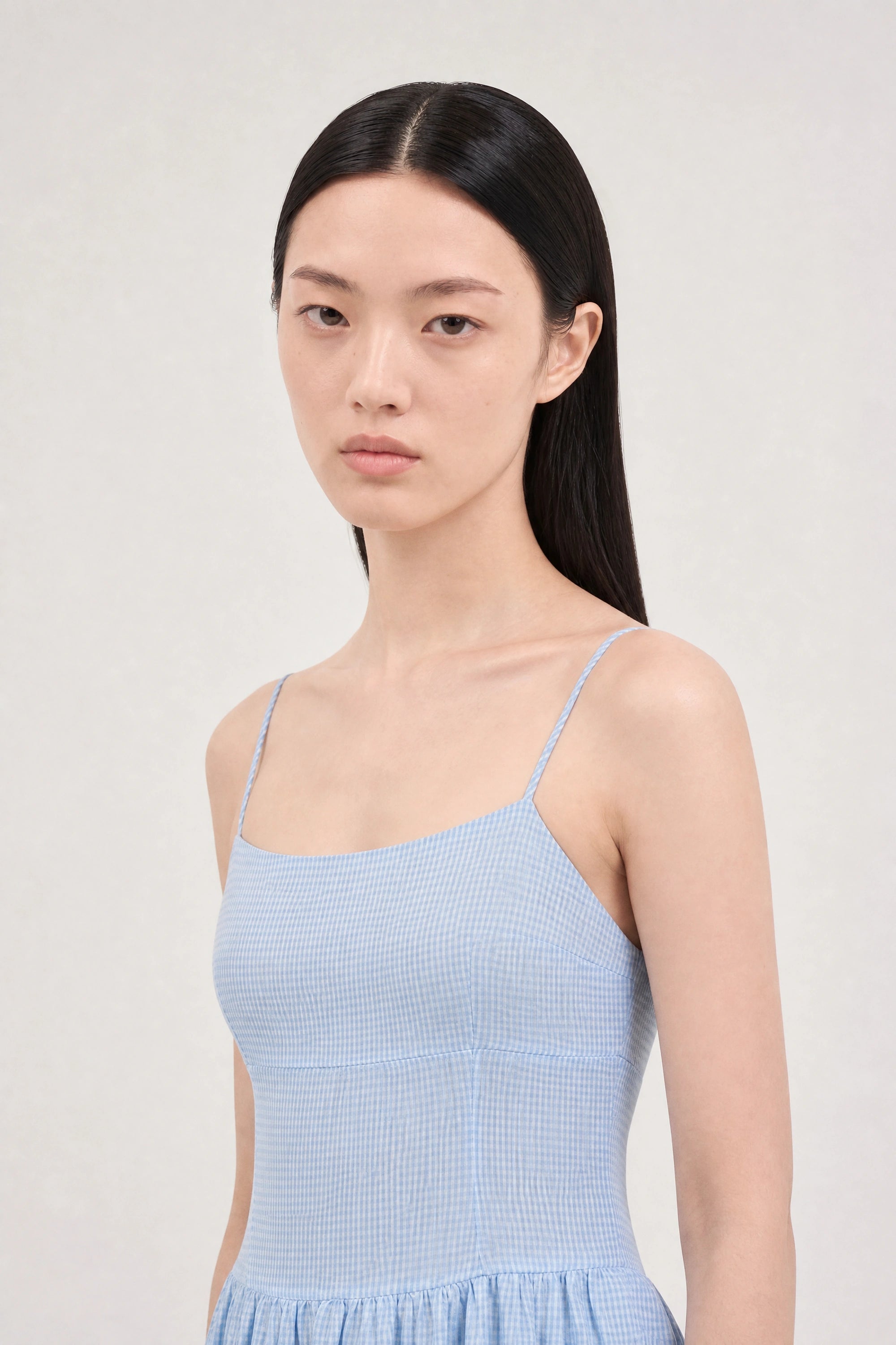 Light blue gingham ruched back dress_4