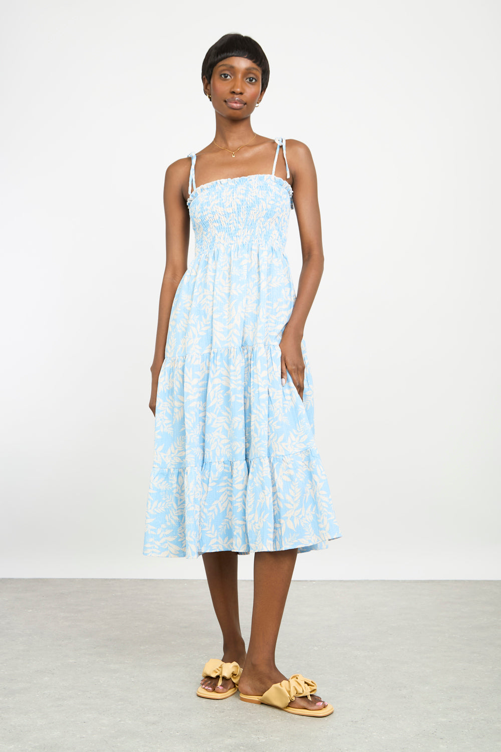 Light blue leaf print shirred bodice maxi dress_1