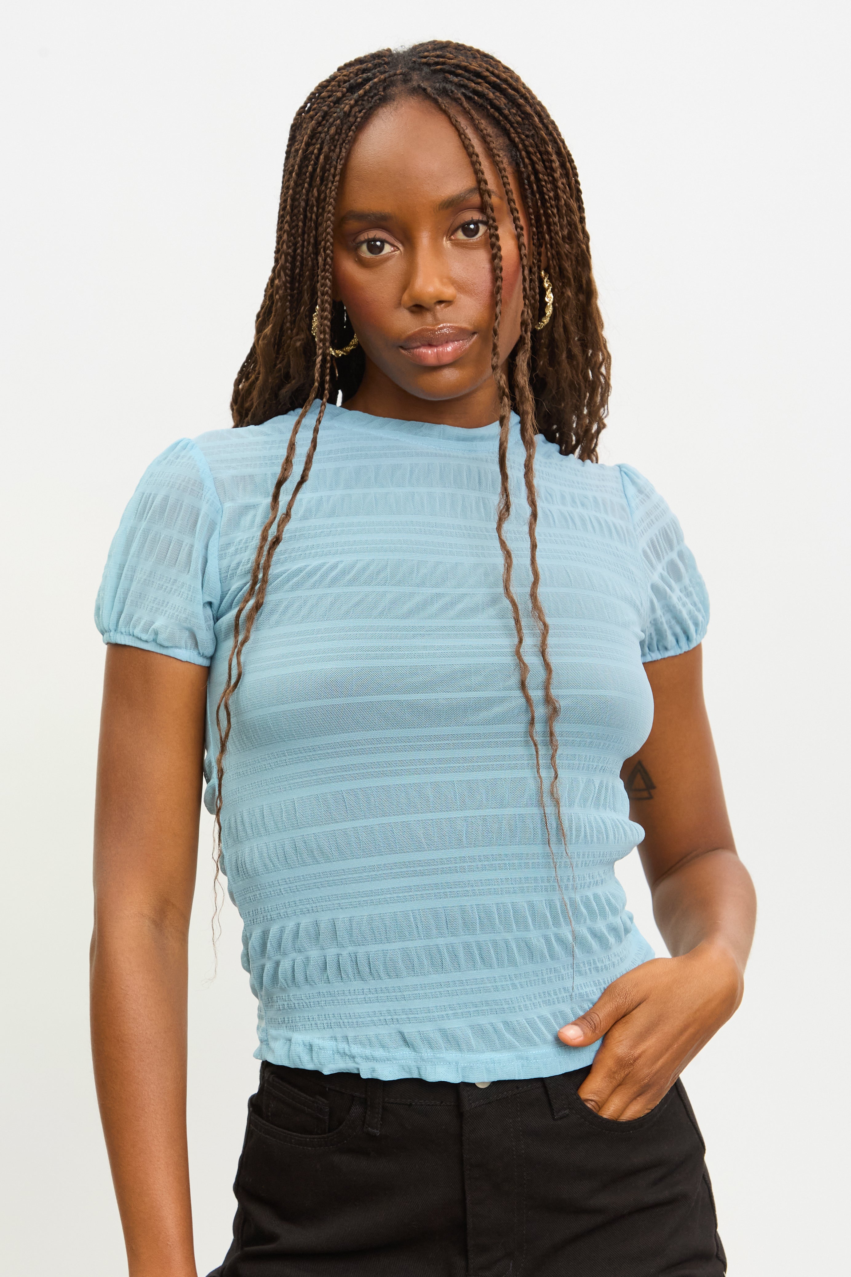 Light blue line textured semi sheer tee_1