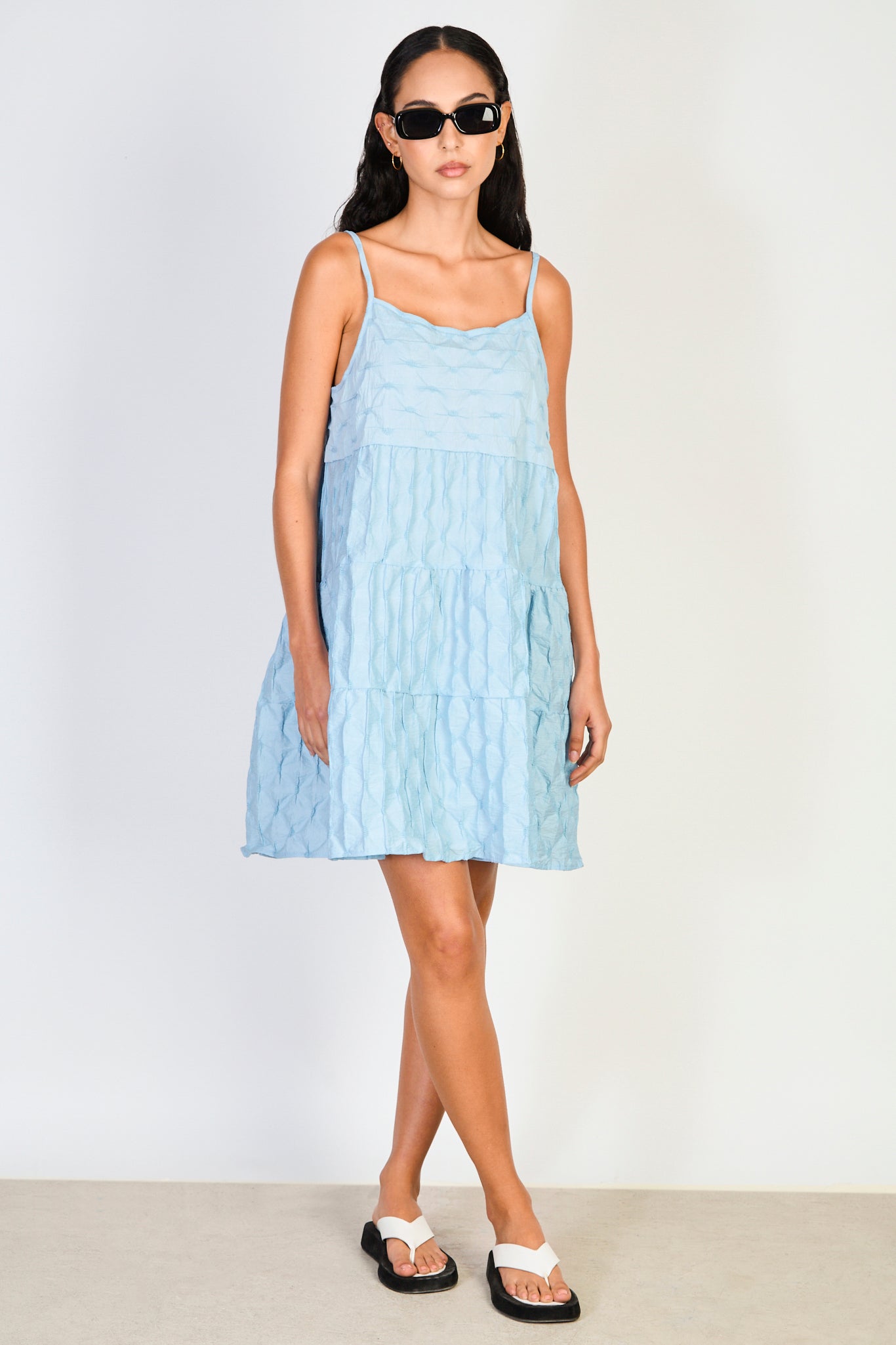 Light blue textured tiered mini dress_1