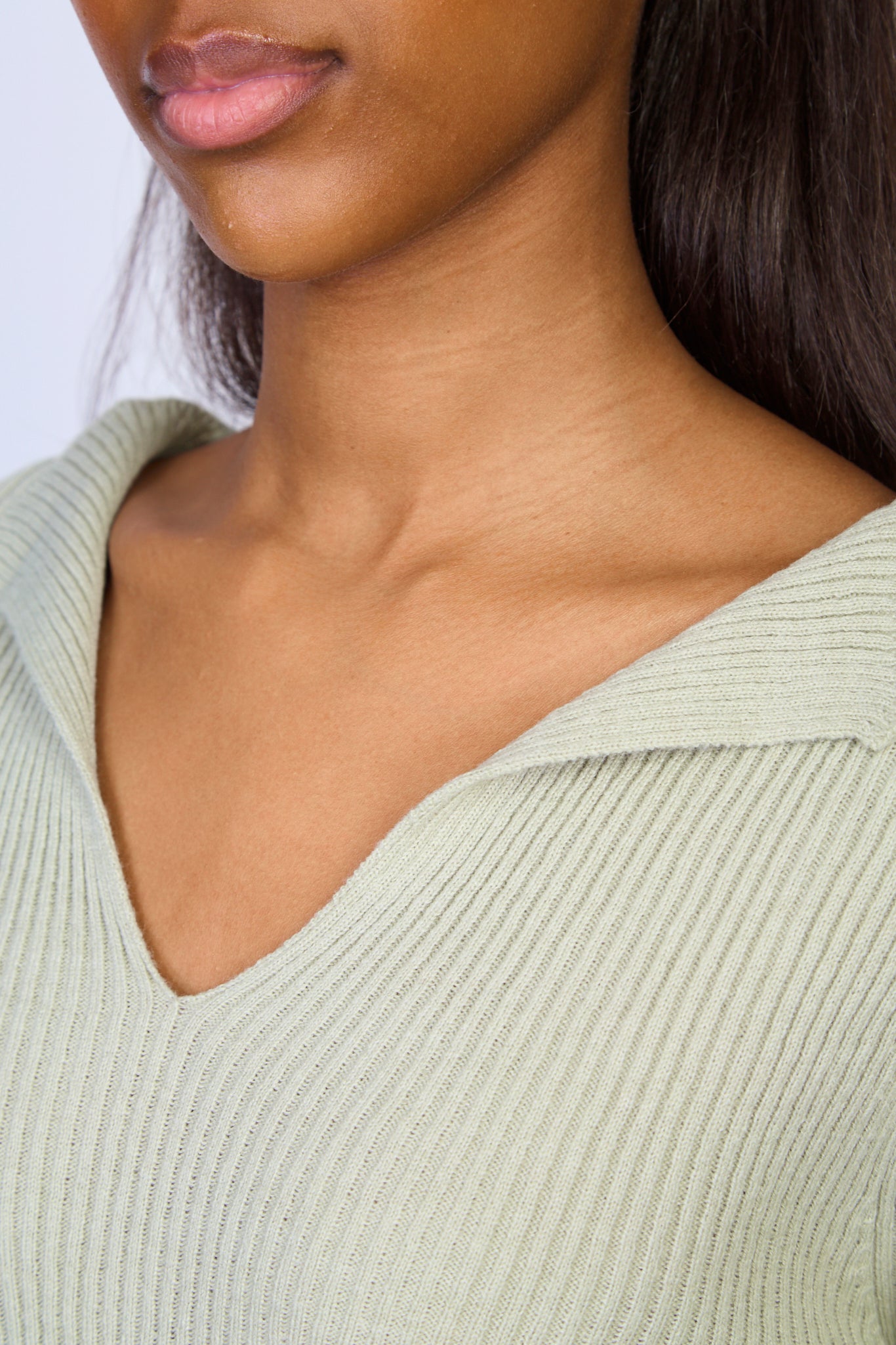 Light khaki ribbed split front knit top_3