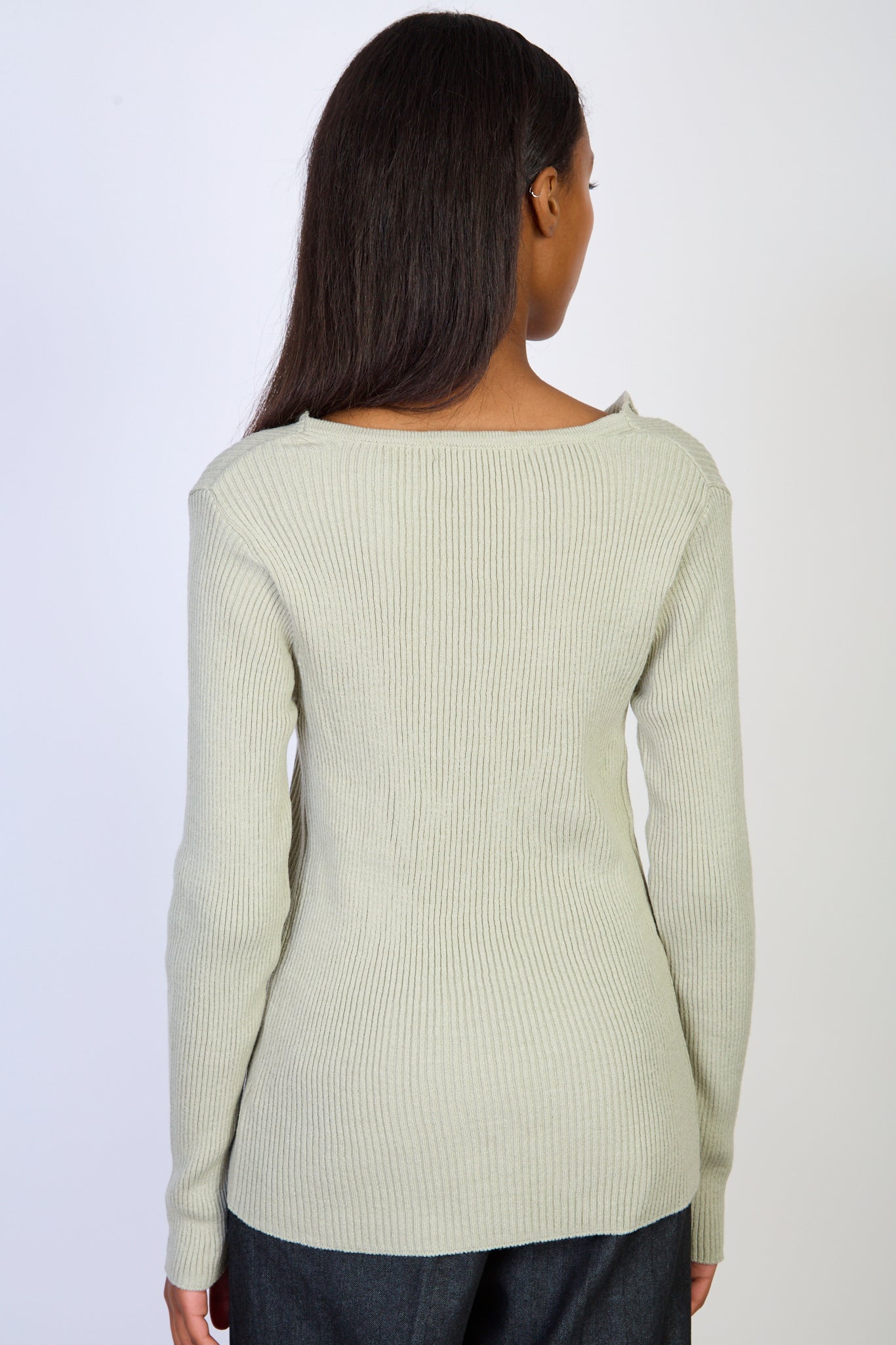 Light khaki ribbed split front knit top_2