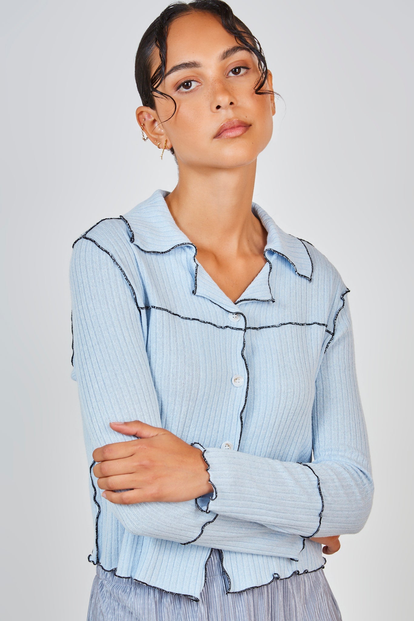 Light blue and black trim button up collar top_1