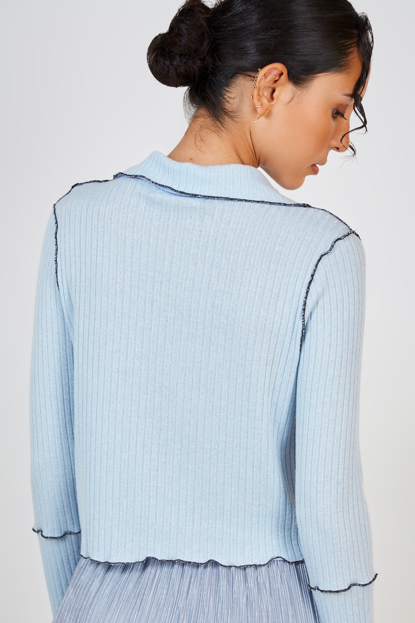 Light blue and black trim button up collar top_2