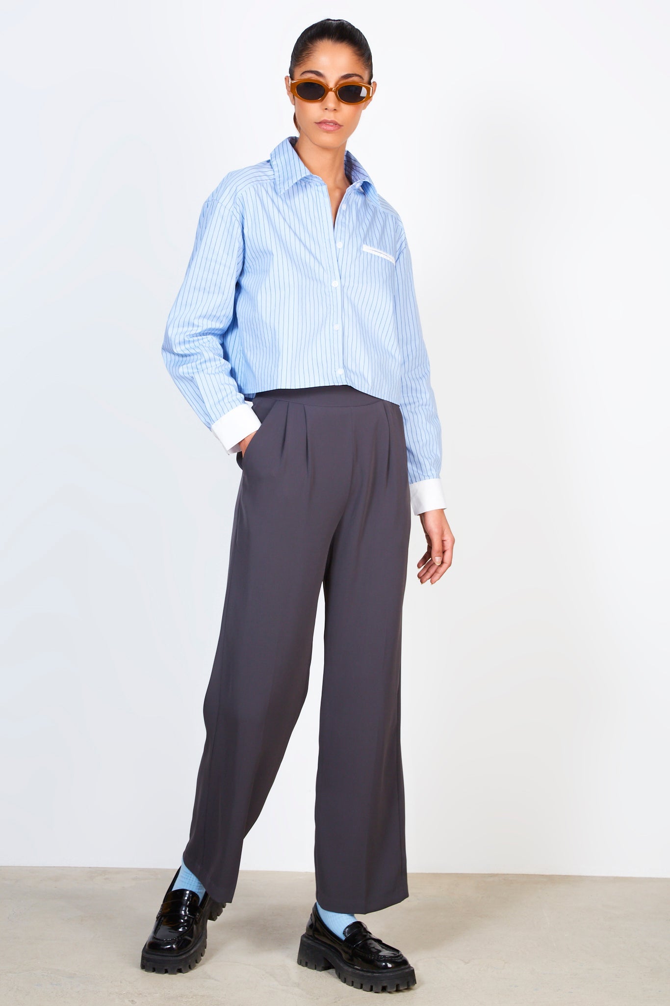 Light blue pinstriped smart cropped shirt_3