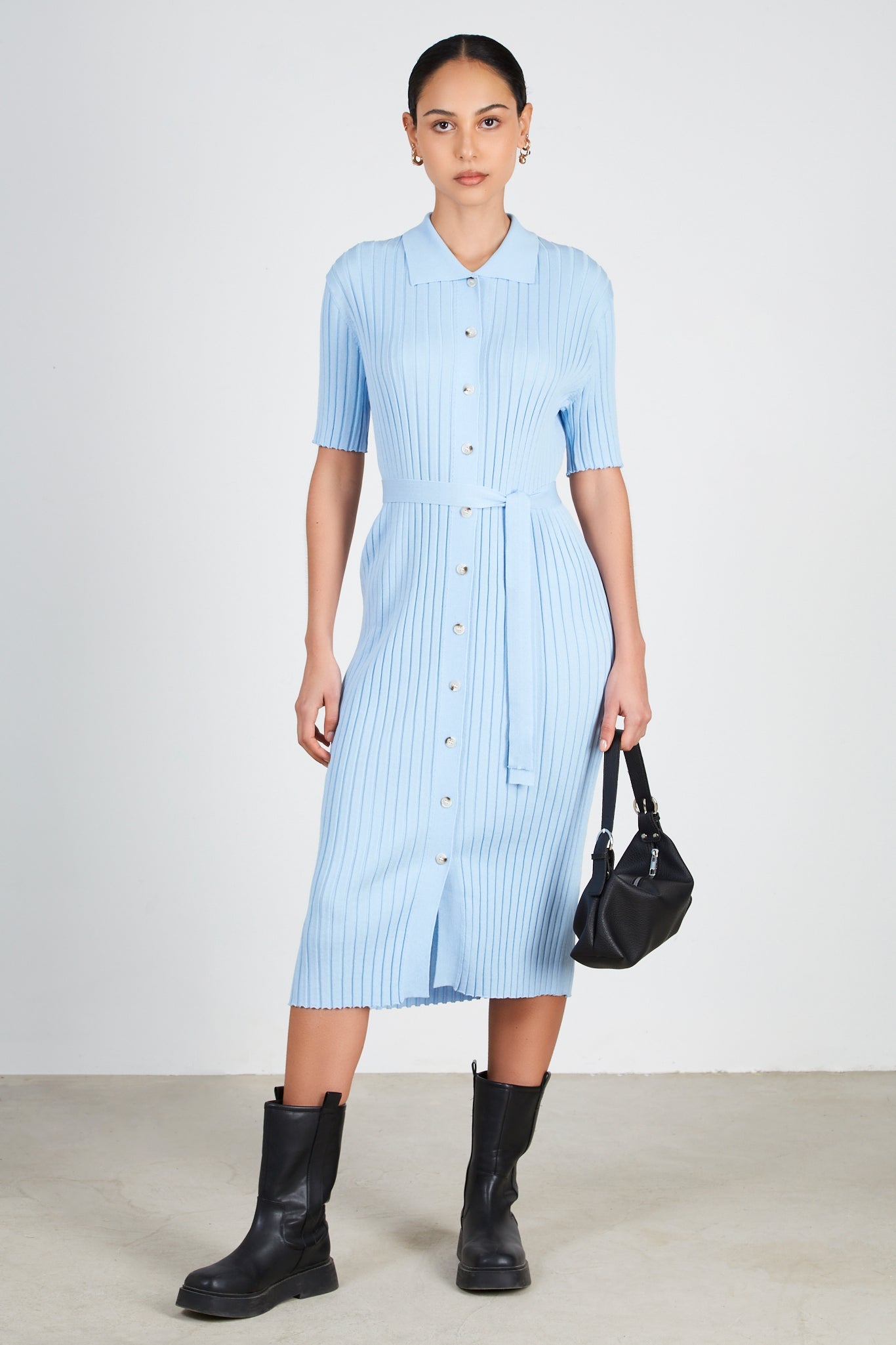 Light blue ribbed buton up knit dress_1