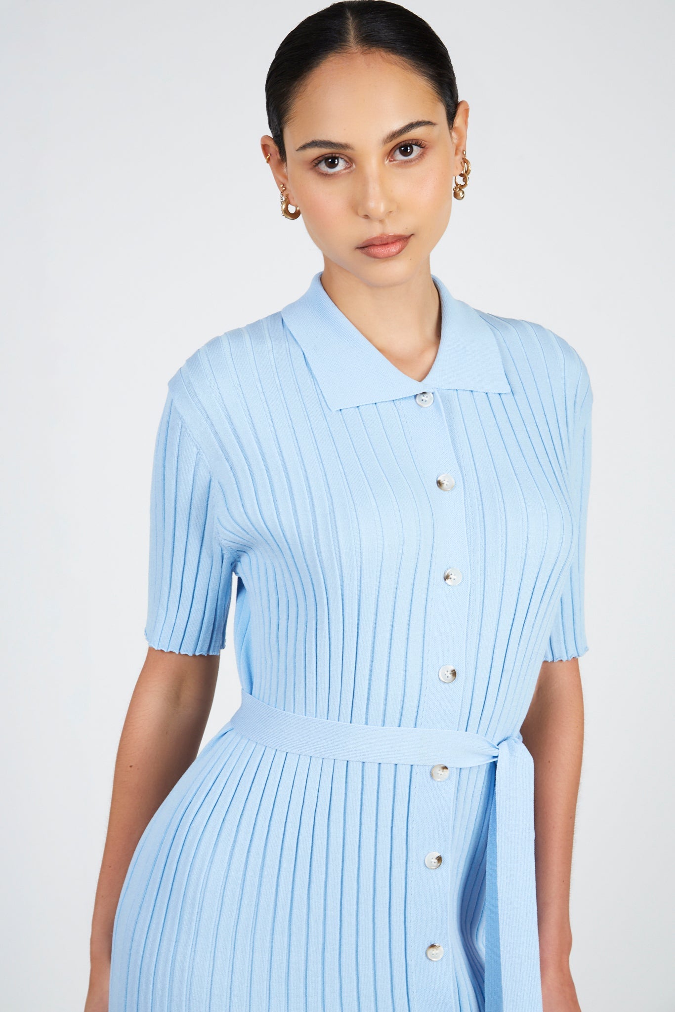 Light blue ribbed buton up knit dress_3