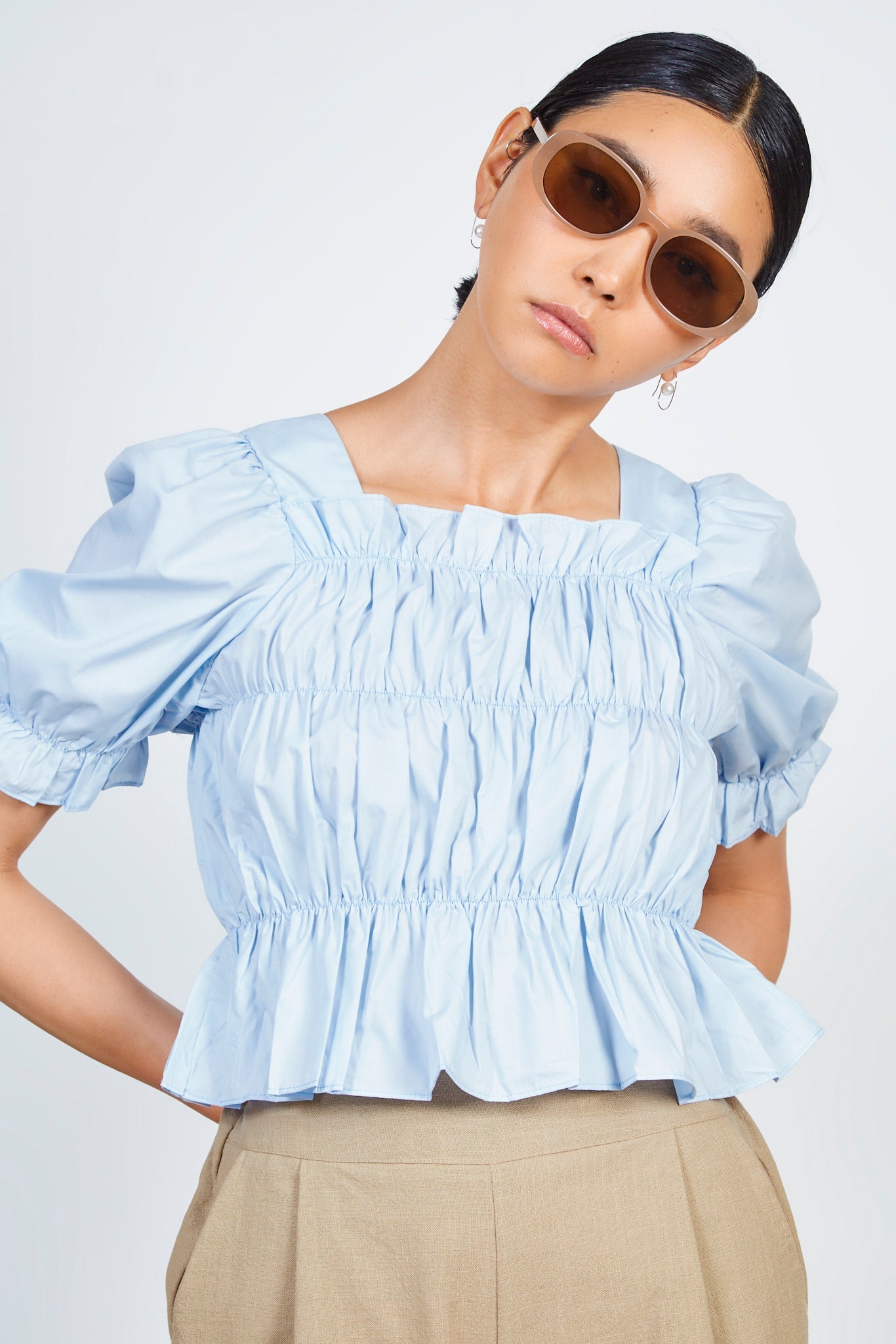 Light blue ruched bodice short sleeve top_3