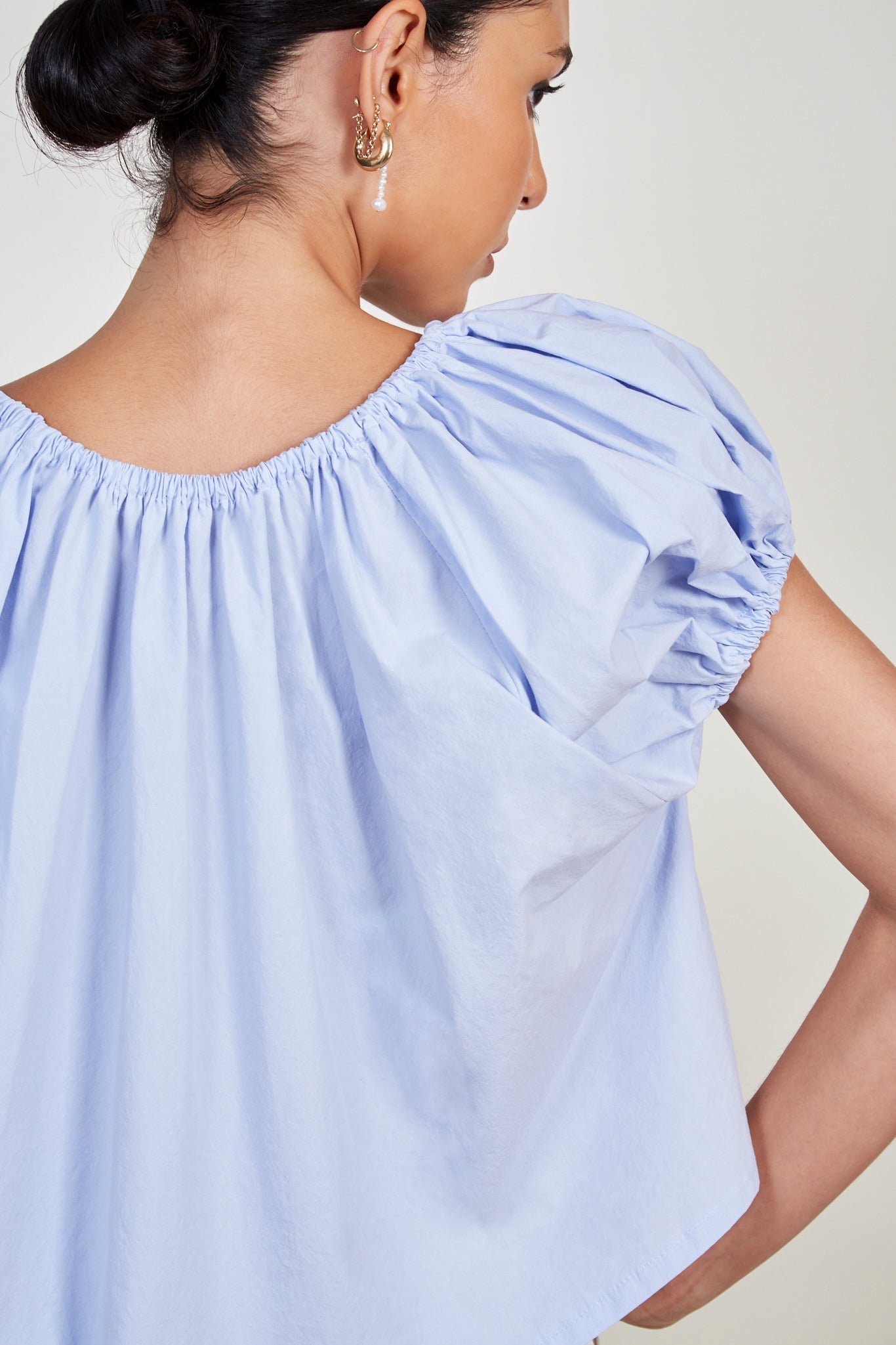 Light blue ruched trim off shoulder top_5