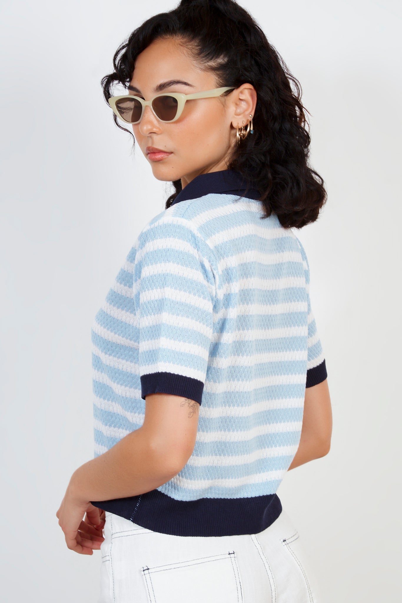 Light blue striped navy collar knit tee_2