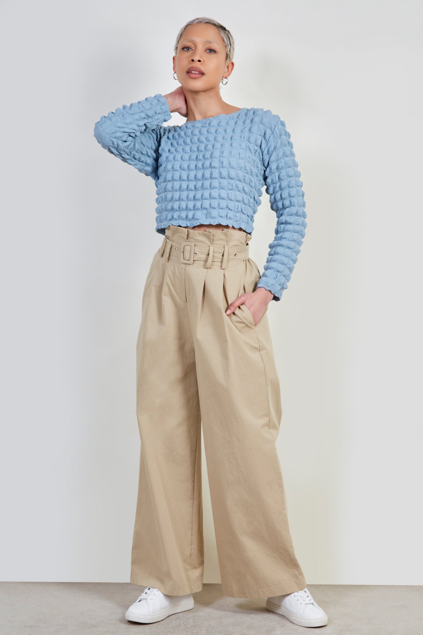 Light blue textured puff long sleeve top_2