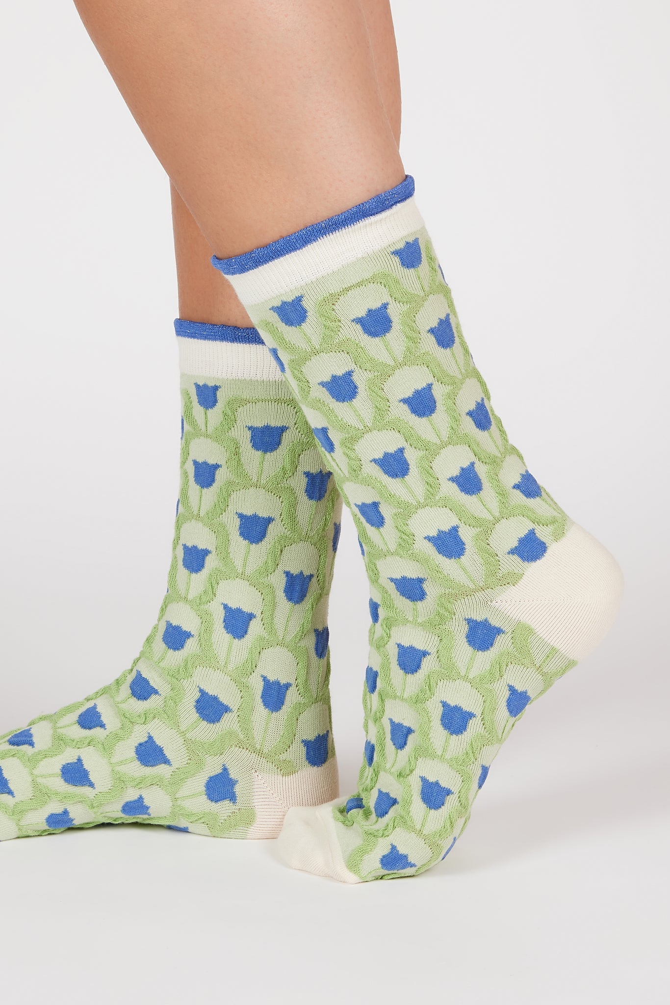 Light green and blue tiny tulip print socks_1