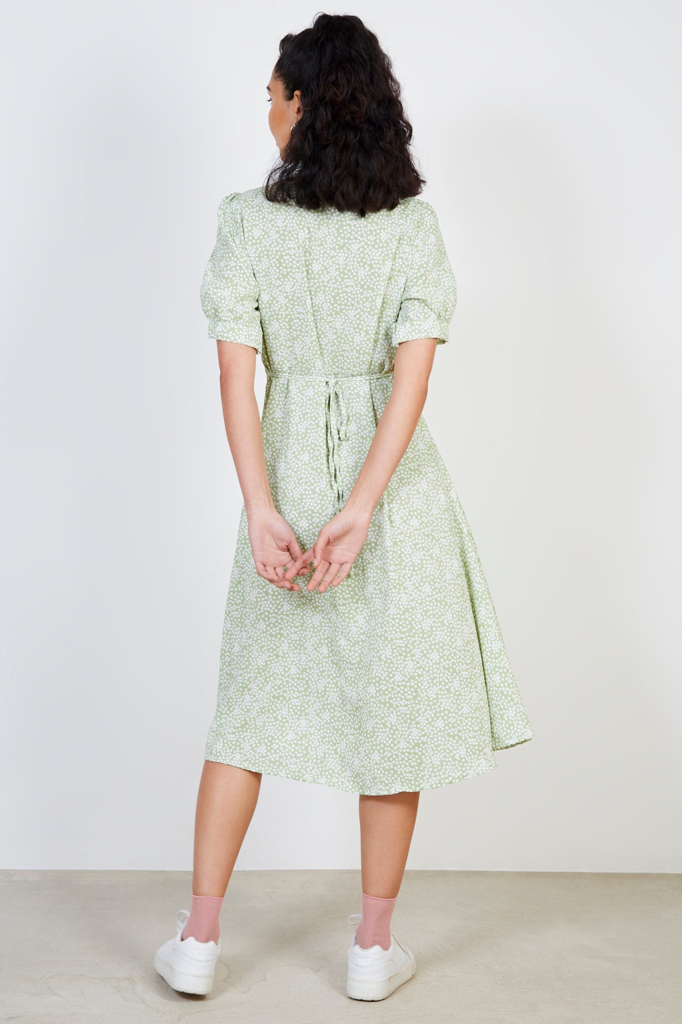 Light green floral print button front dress_2