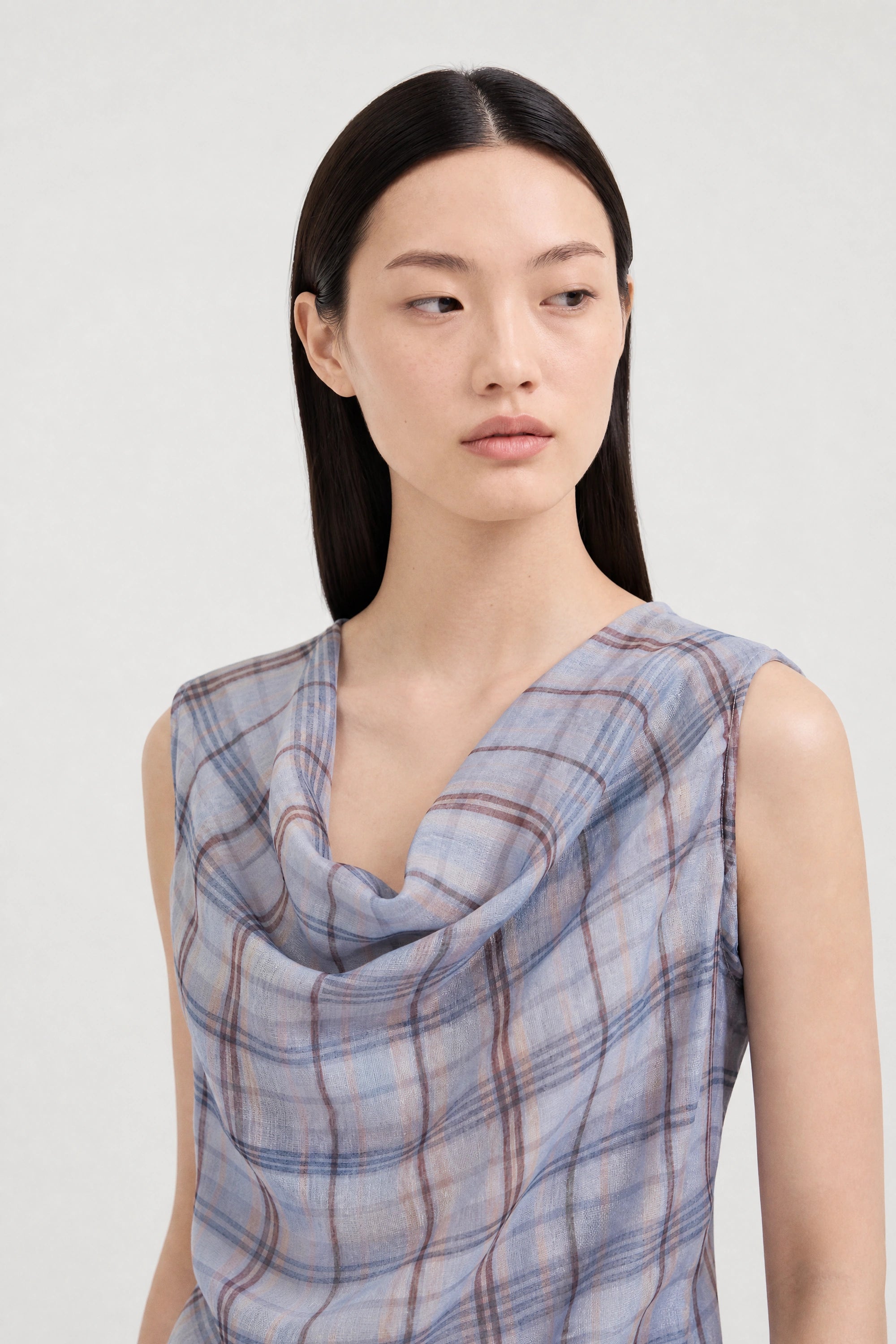 Lilac and yellow plaid asymmetric draped sleeveless blouse_3