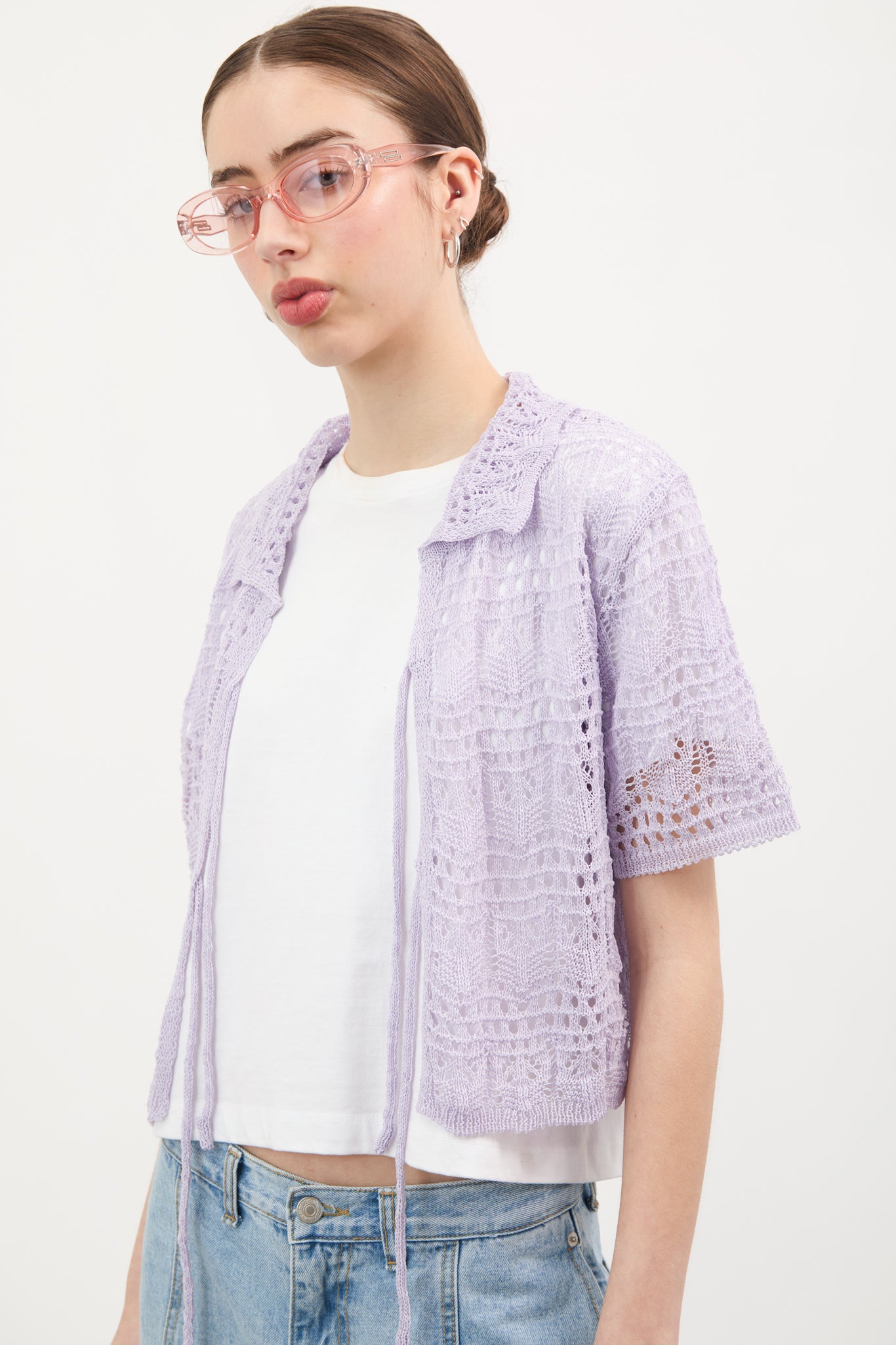 Lilac crochet knit double tie front top_2