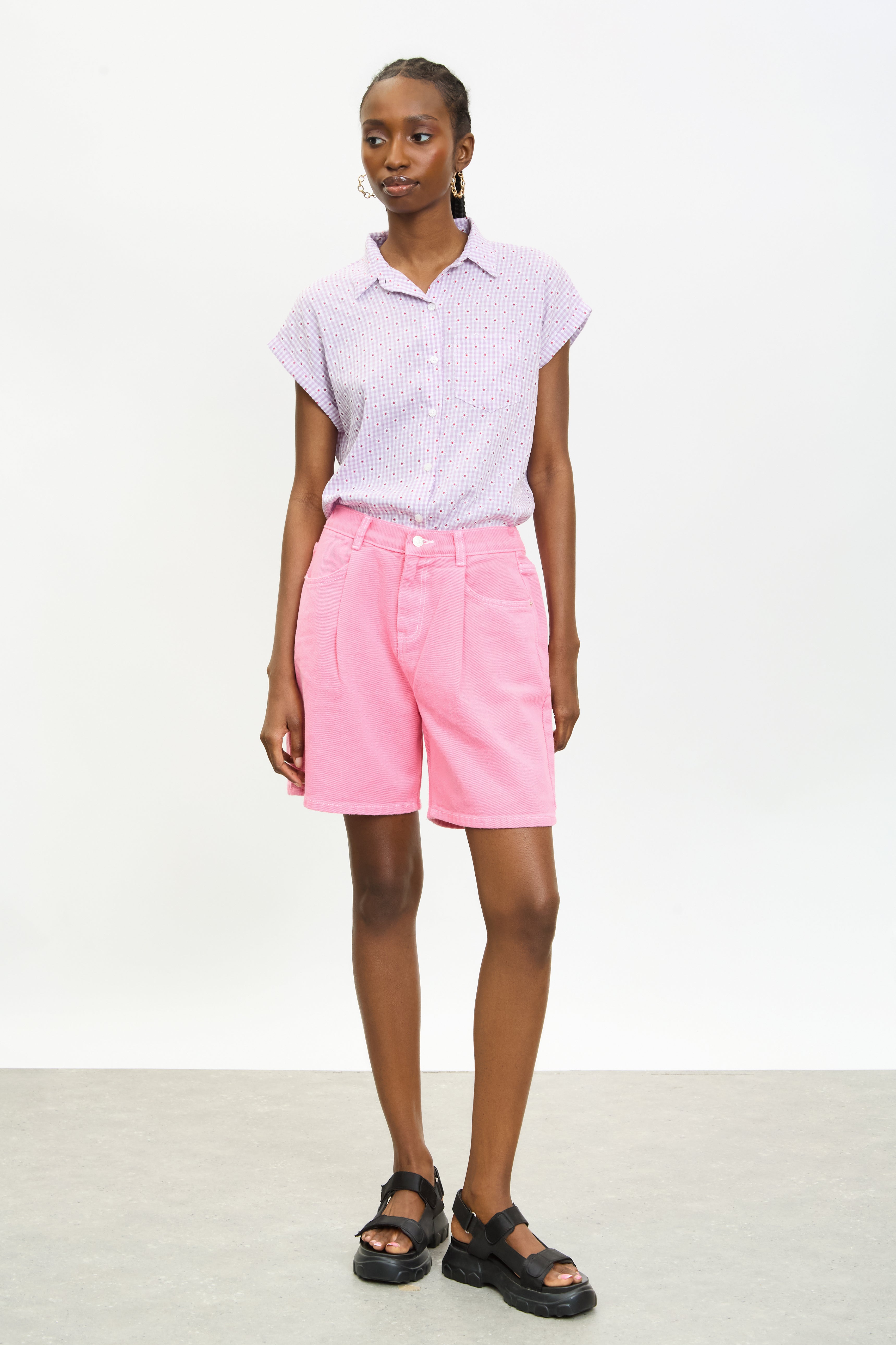 Lilac daisy gingham short sleeved shirt_4
