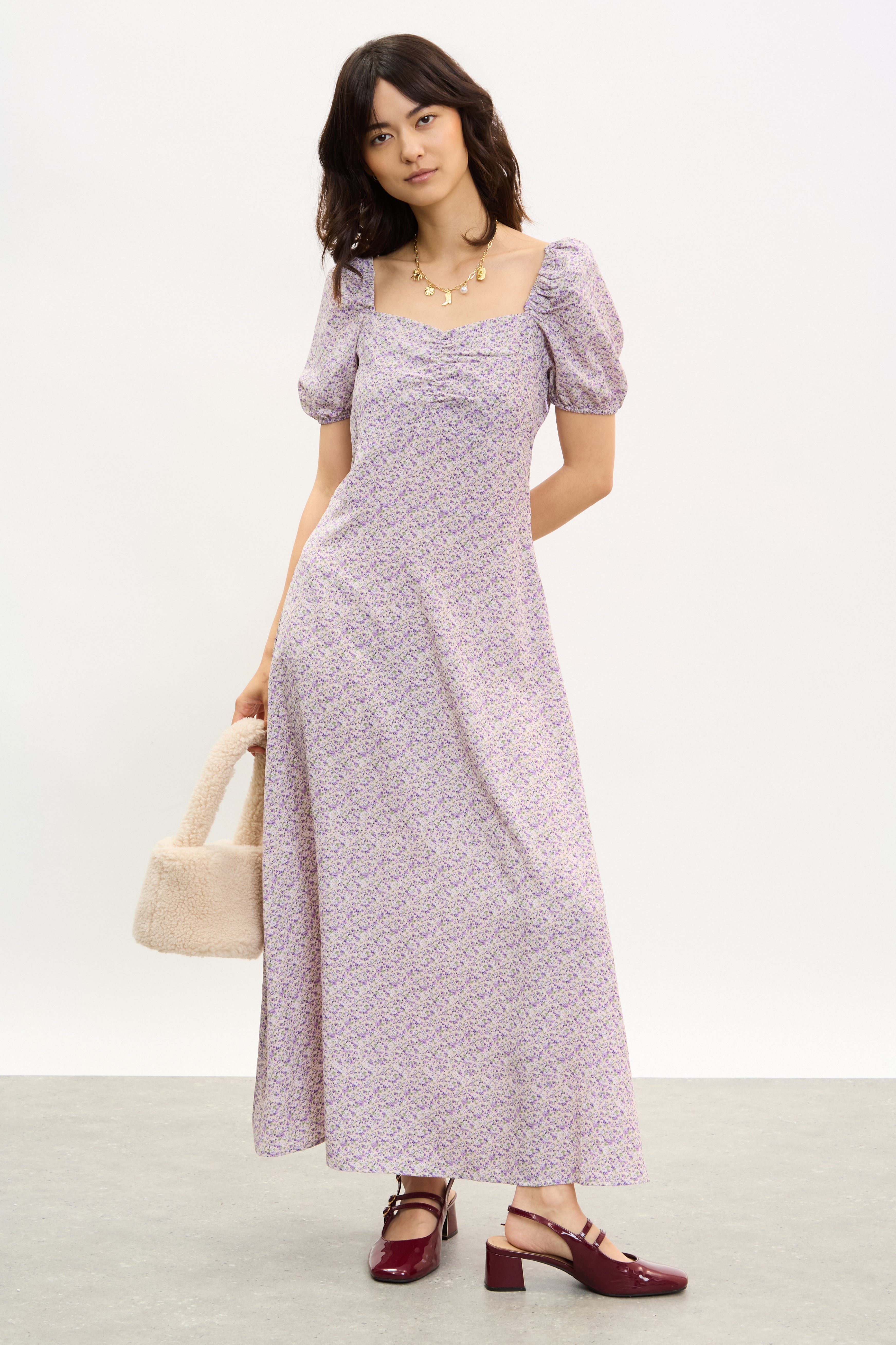 Lilac floral print puff sleeve midi dress_1