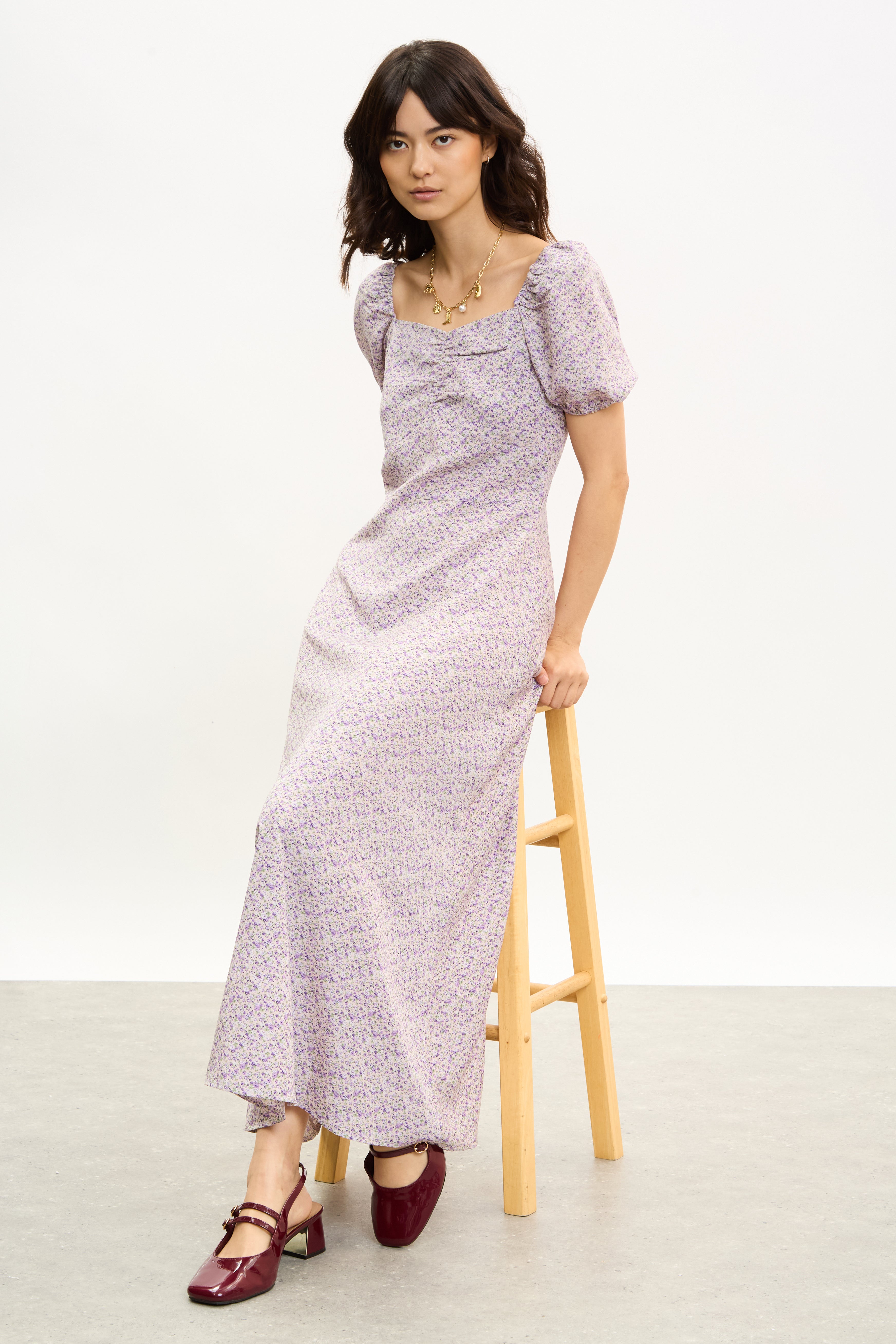 Lilac floral print puff sleeve midi dress_5