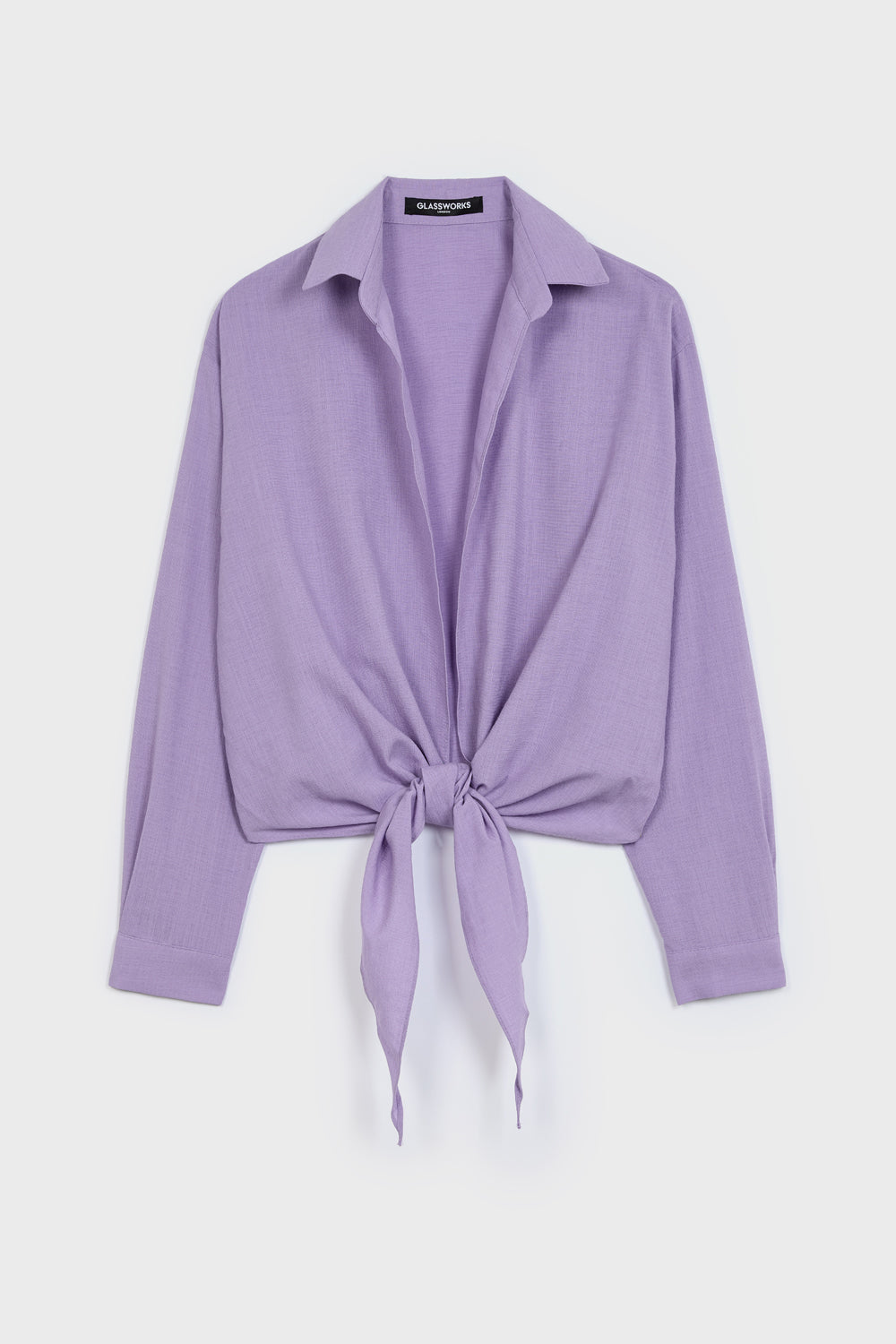 Lilac linen plunging tie front shirt_8