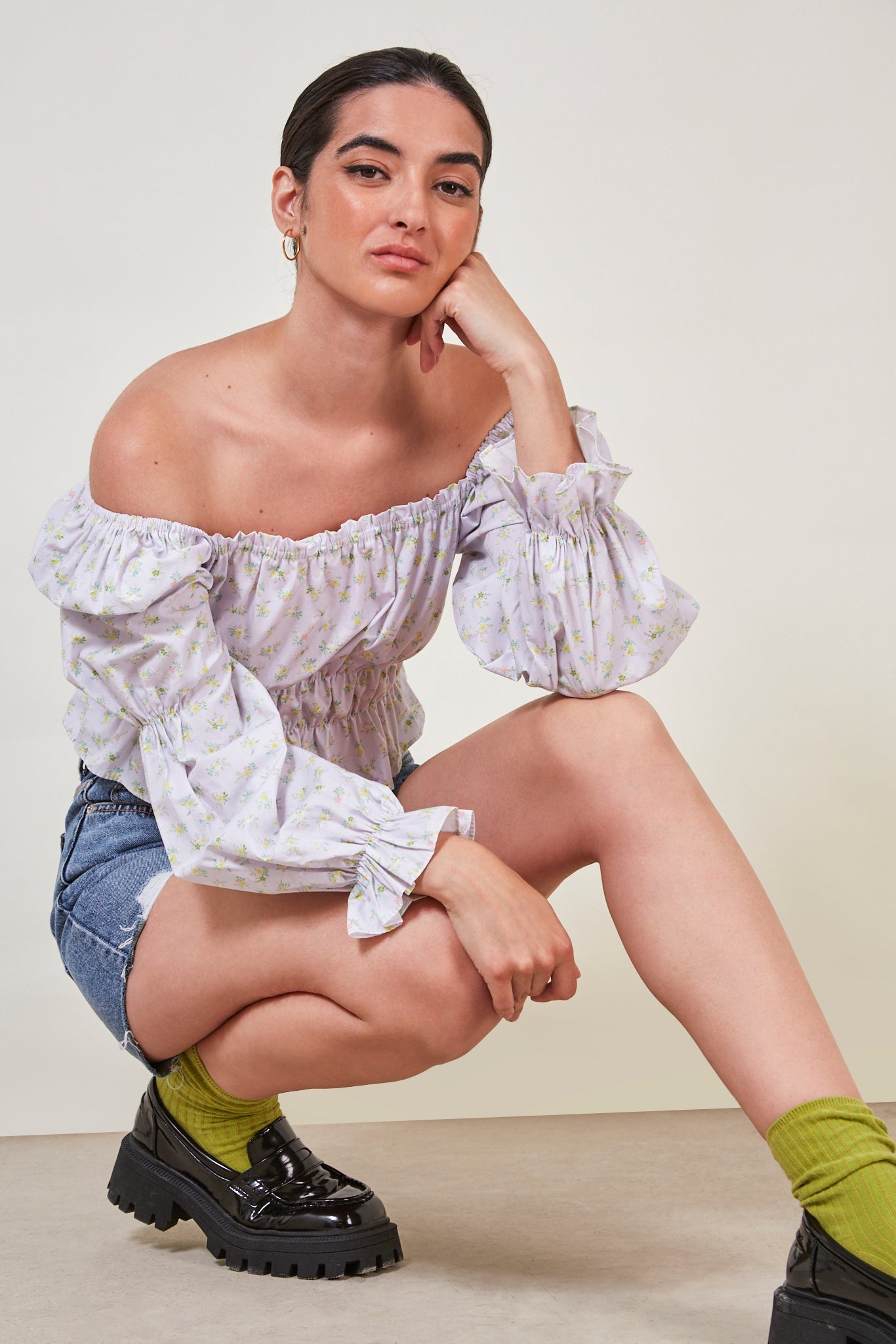 Lilac floral ruched off shoulder top_1