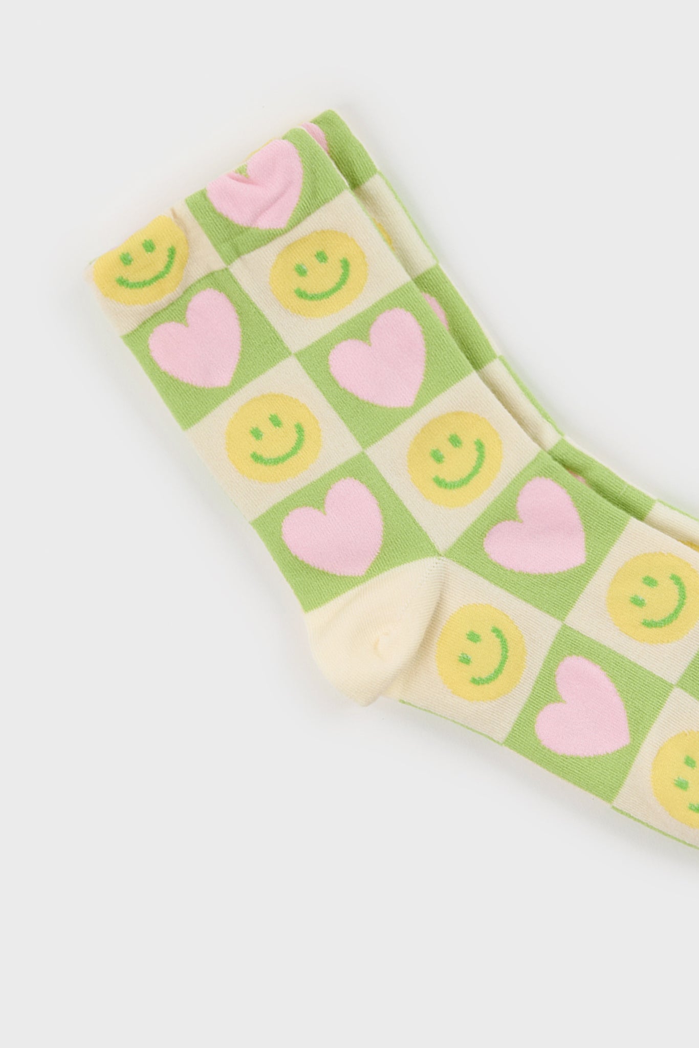 Lime green and pink smiley face heart block socks_3