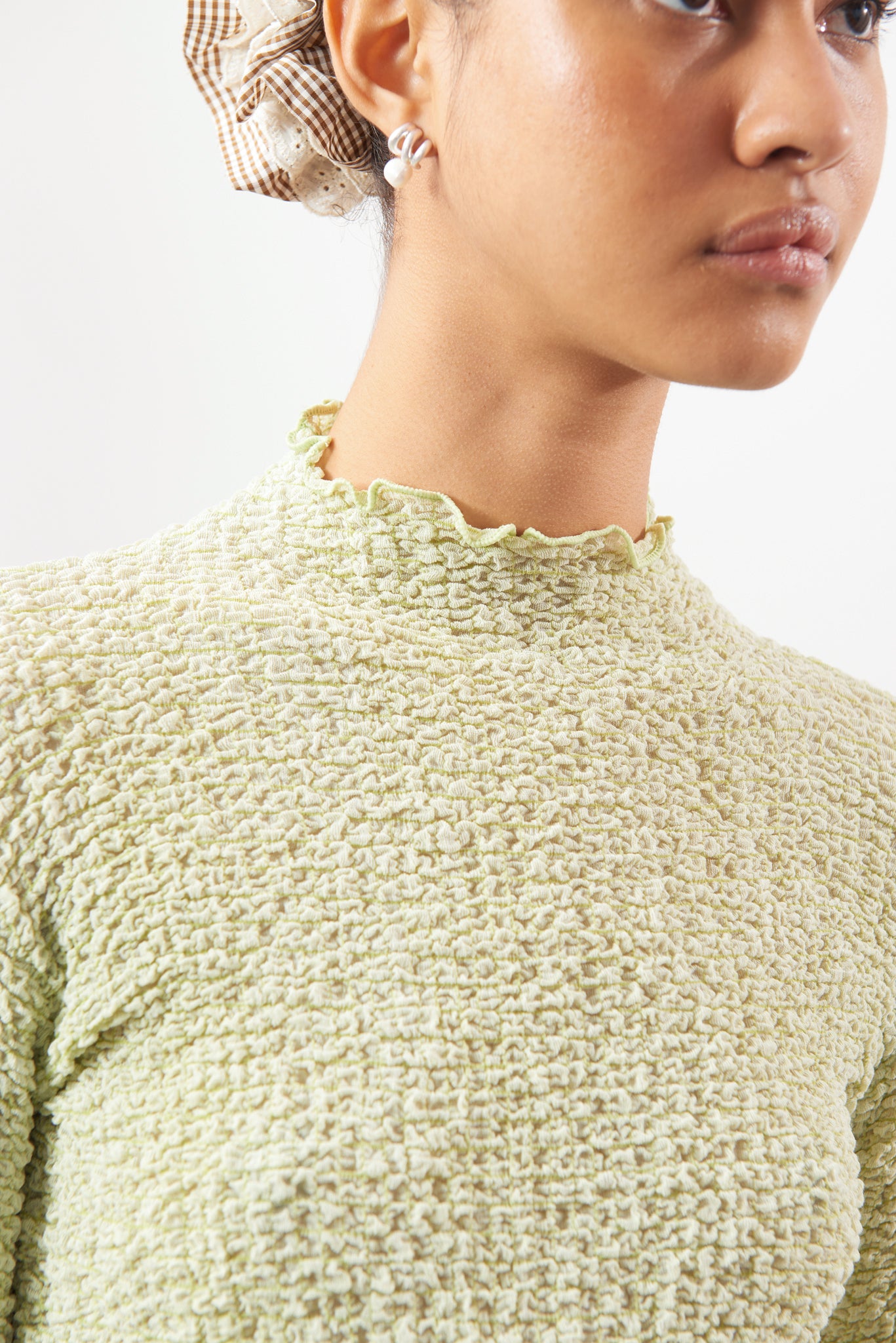 Lime green textured long sleeve mock neck top_3