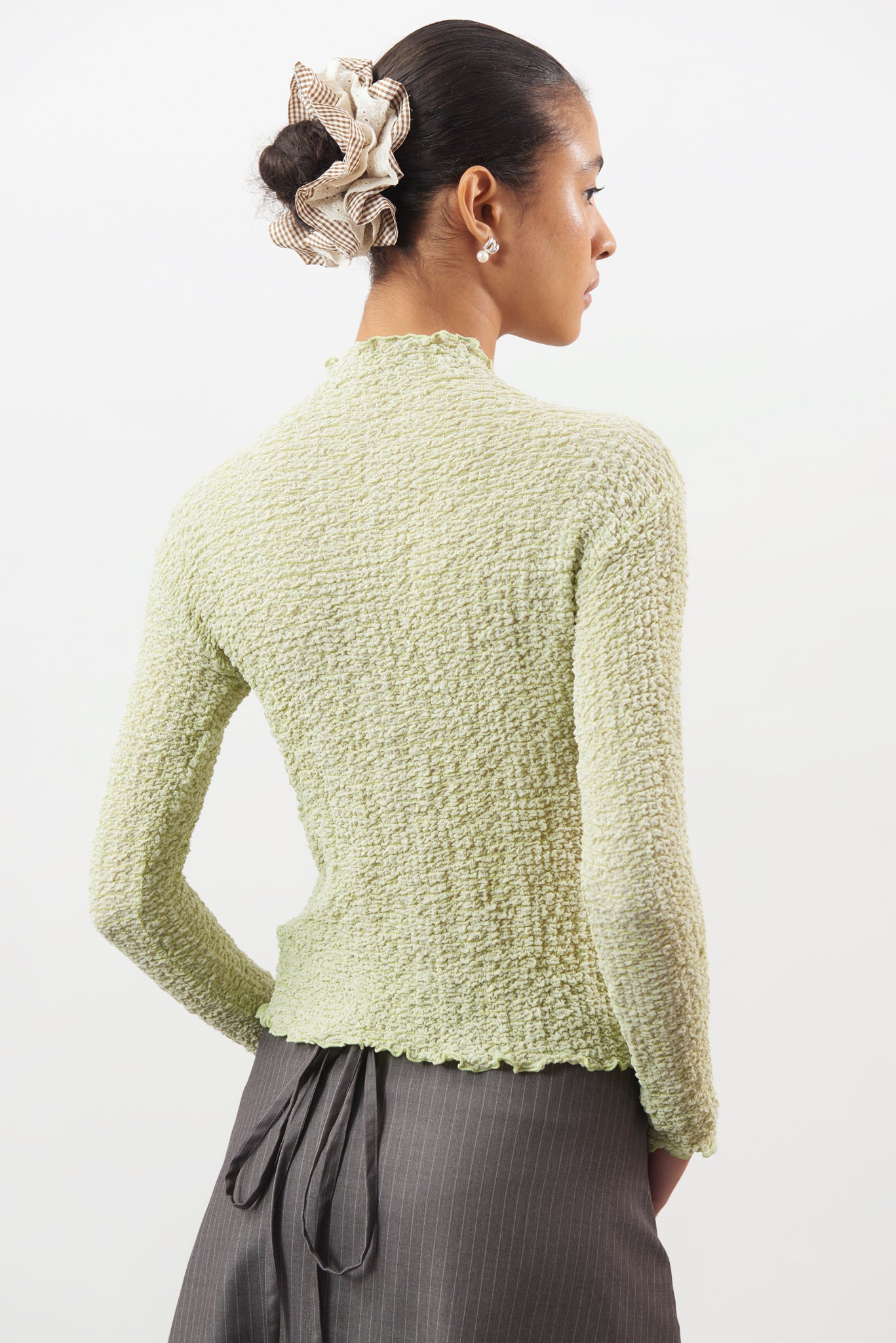 Lime green textured long sleeve mock neck top_2