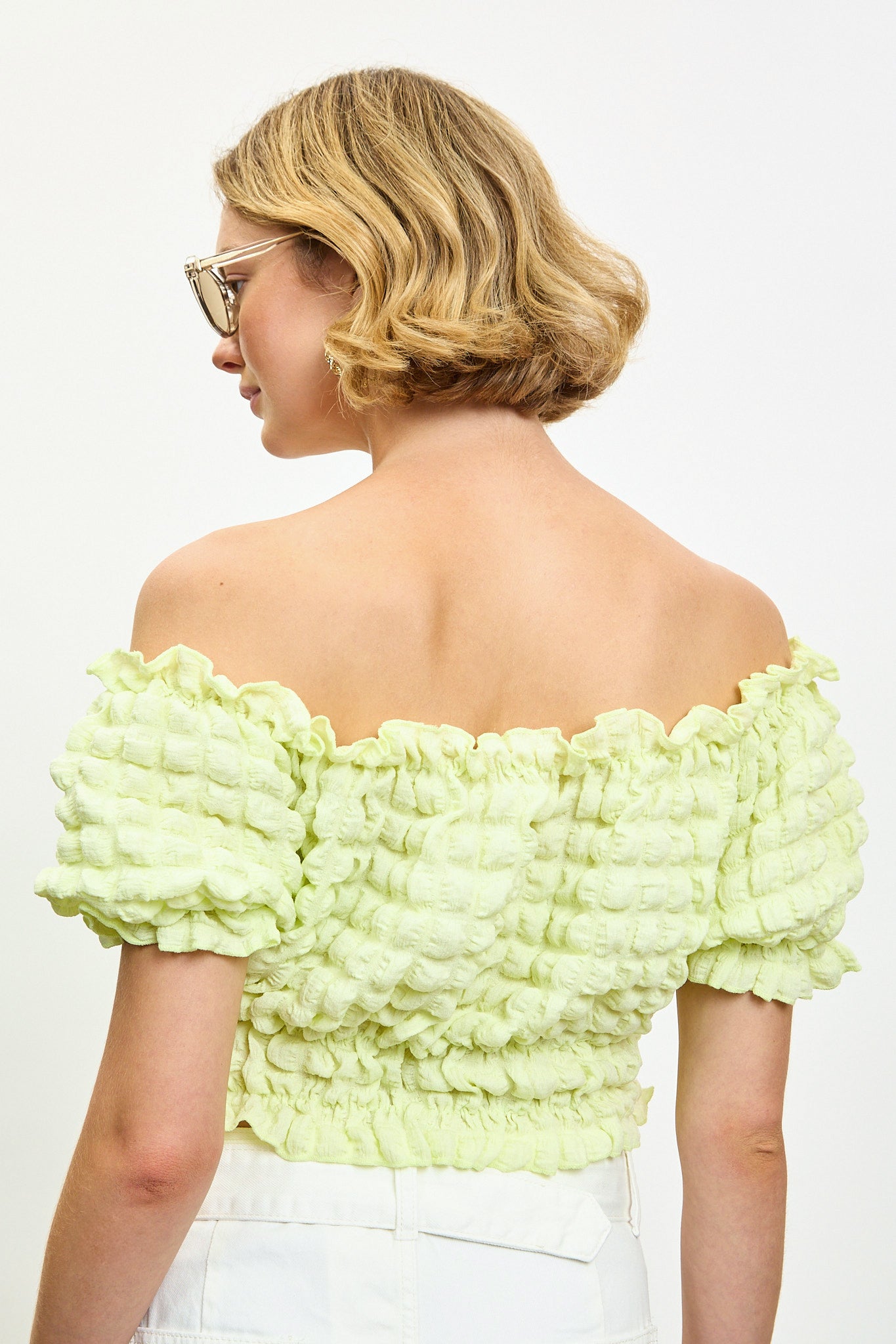 Lime textured puff off shoulder top_2
