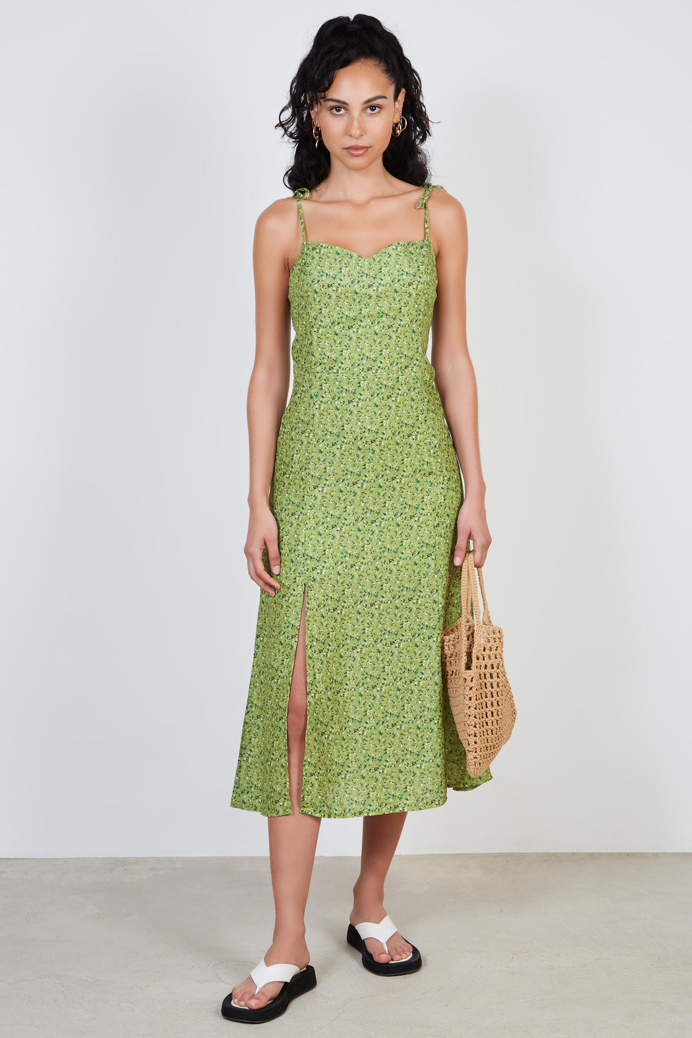 Lime green floral print tie strap dress_1