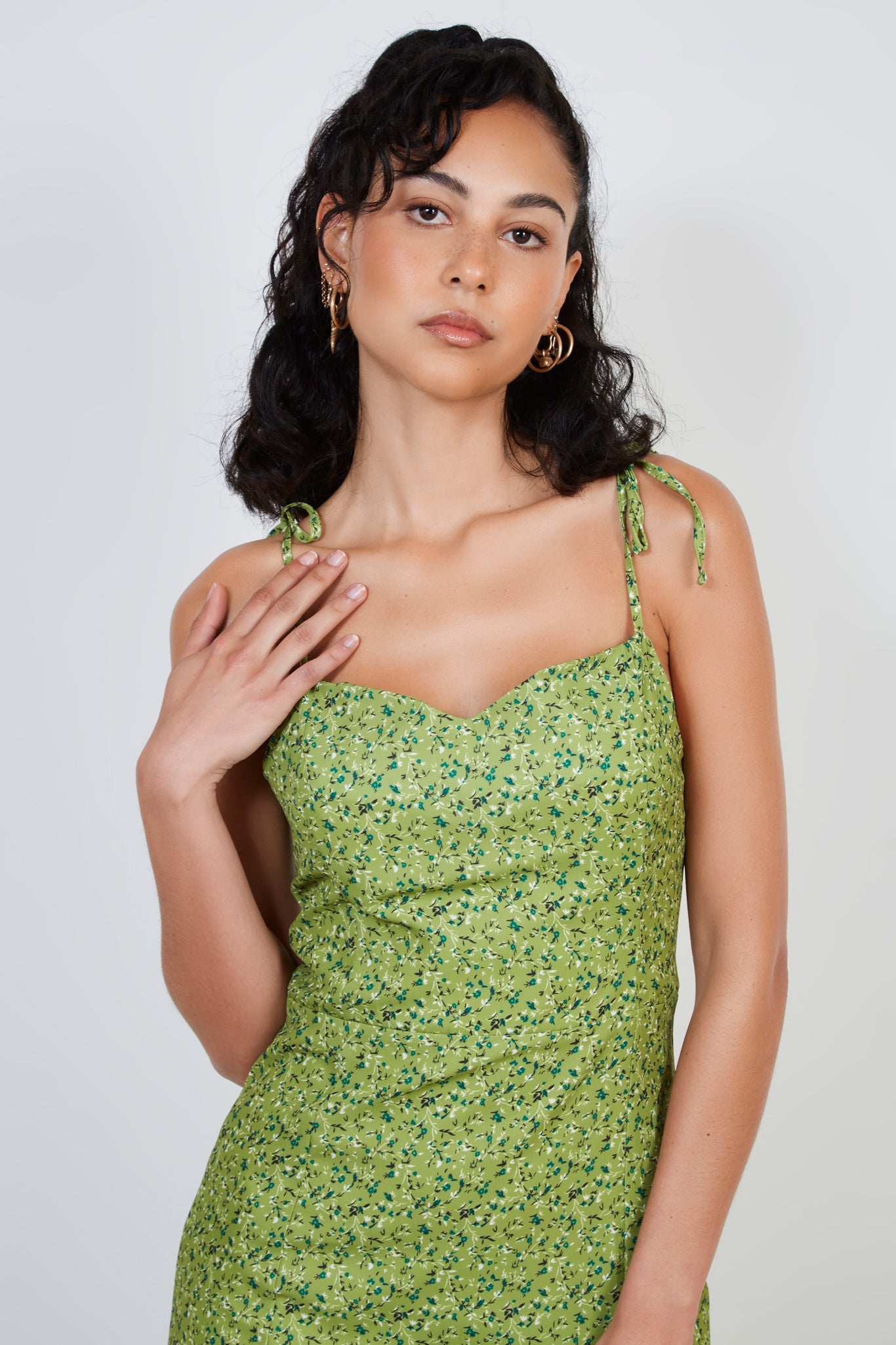 Lime green floral print tie strap dress_3
