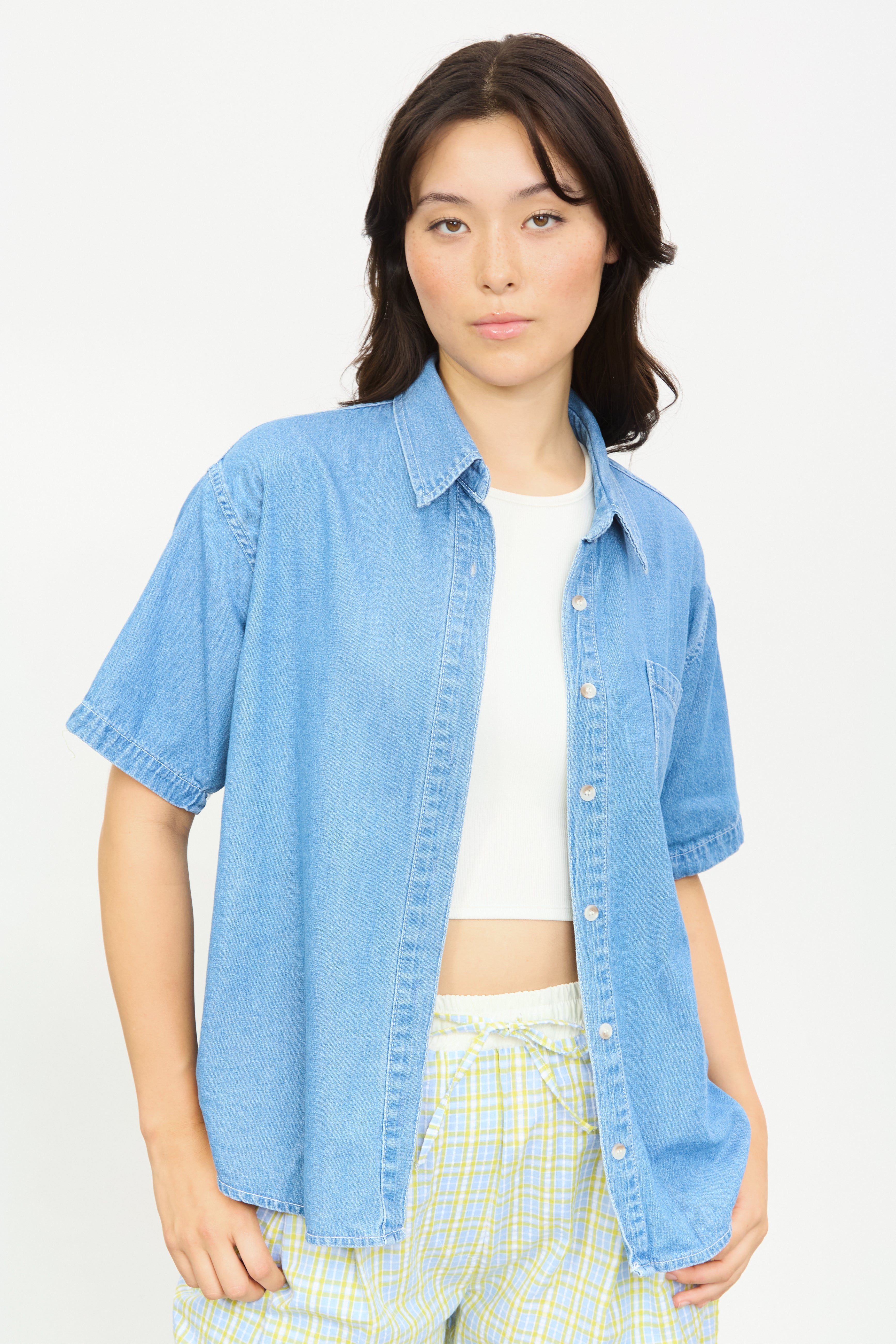 Mid blue denim short sleeve shirt_1