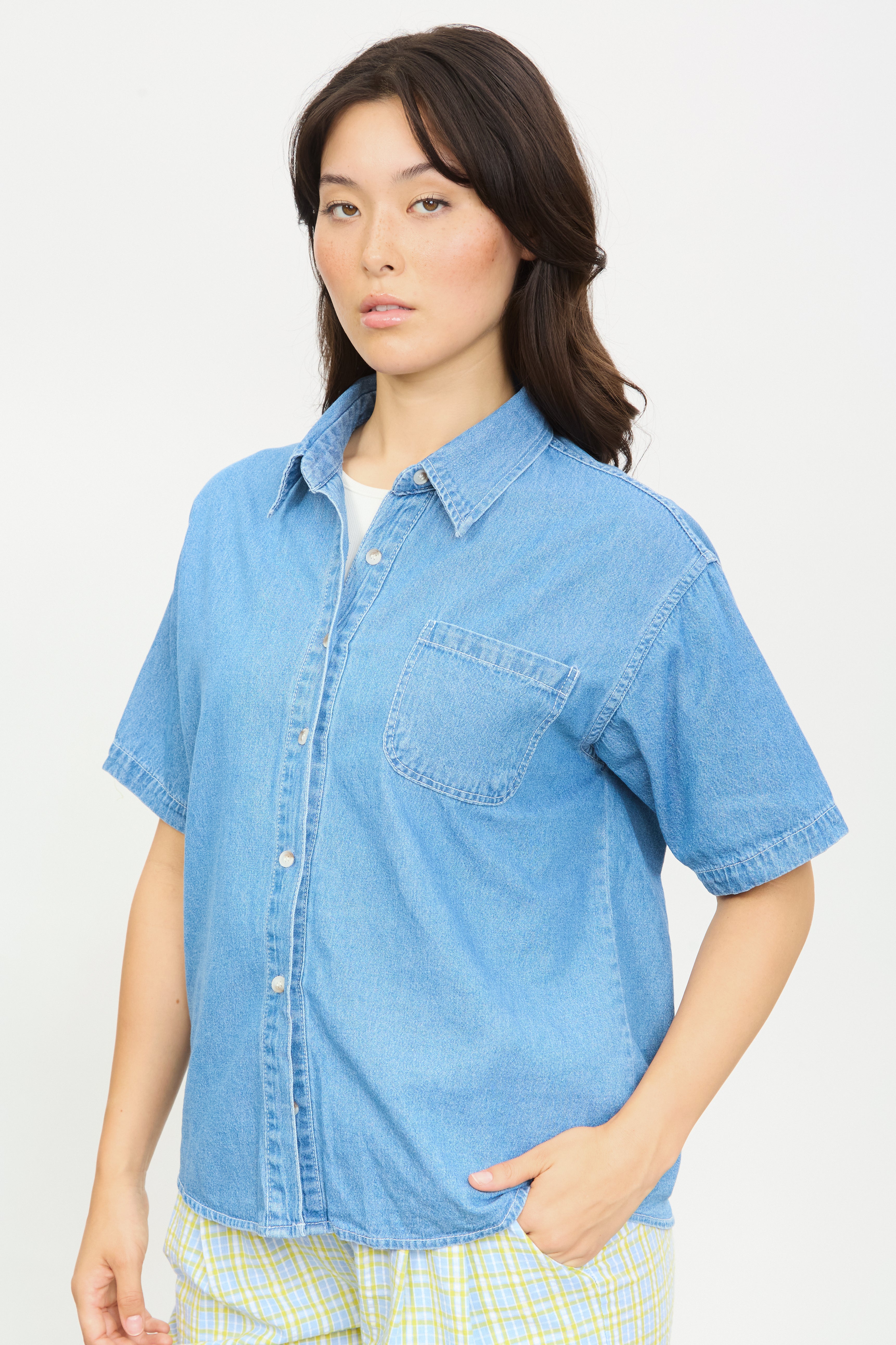 Mid blue denim short sleeve shirt_2