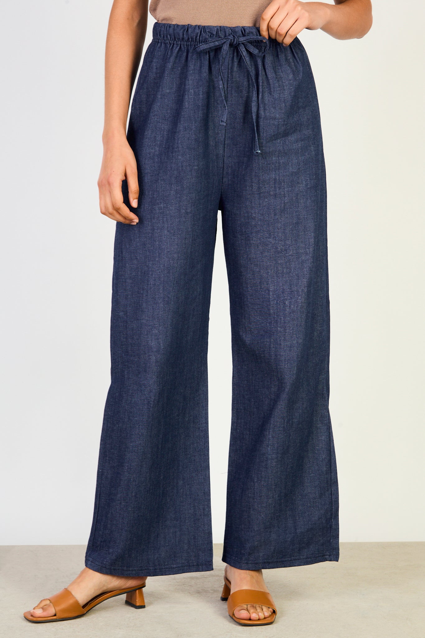 Mid blue denim tie front denim trousers_1