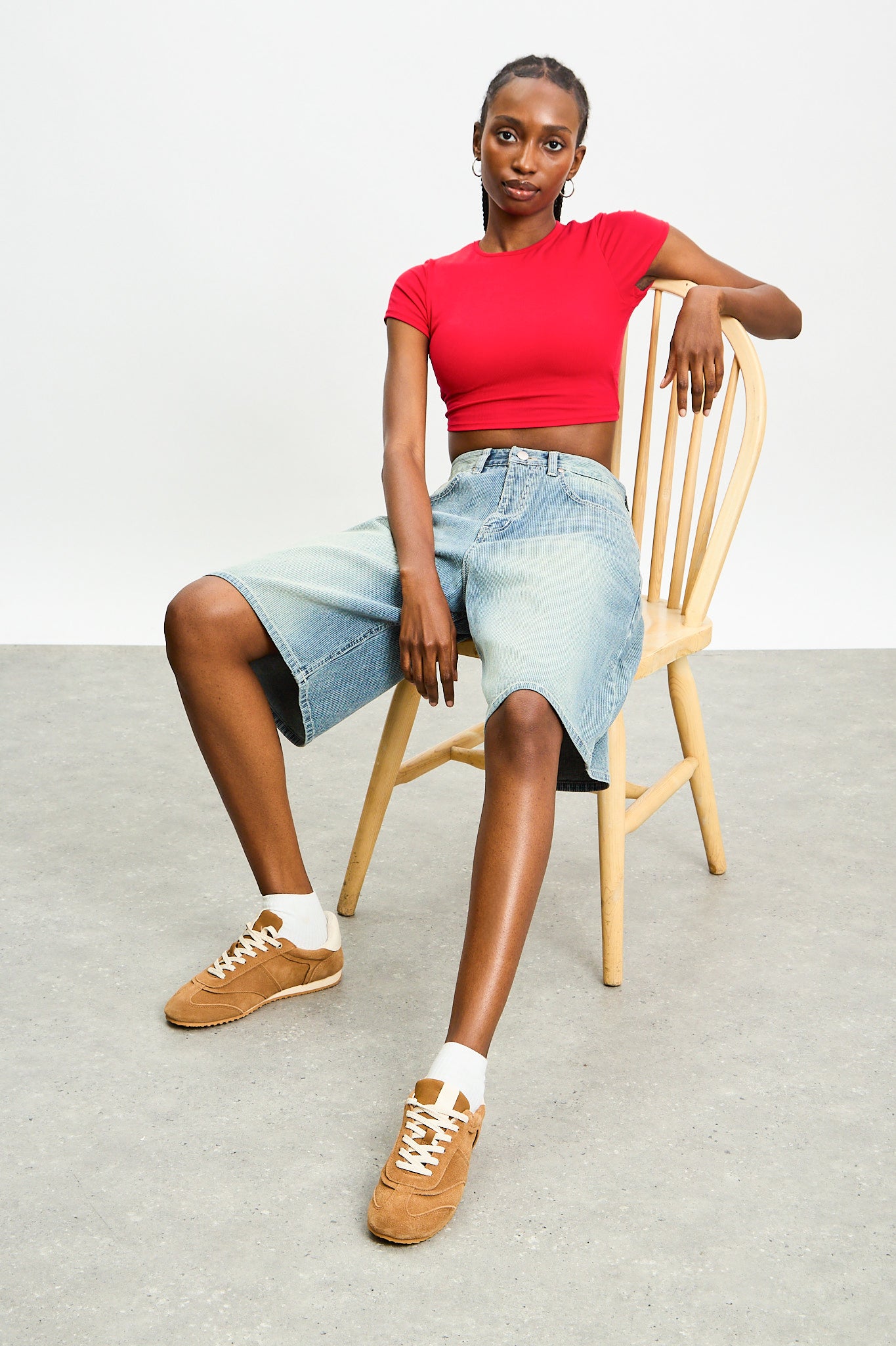 Mid blue striped denim shorts_5