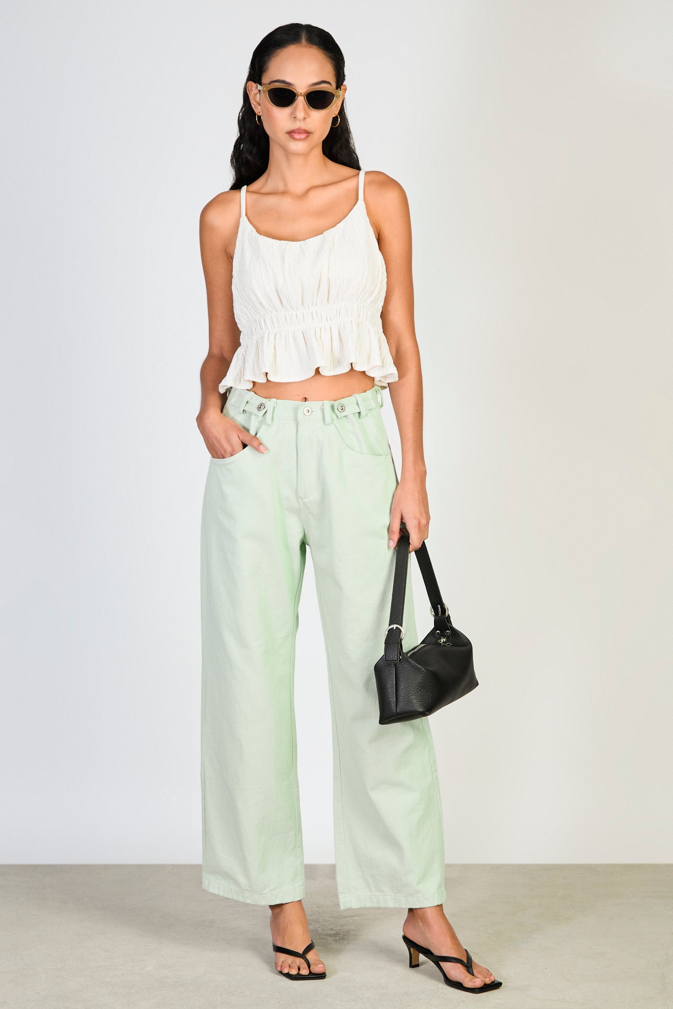Mint green adjustable waist double button jeans_4
