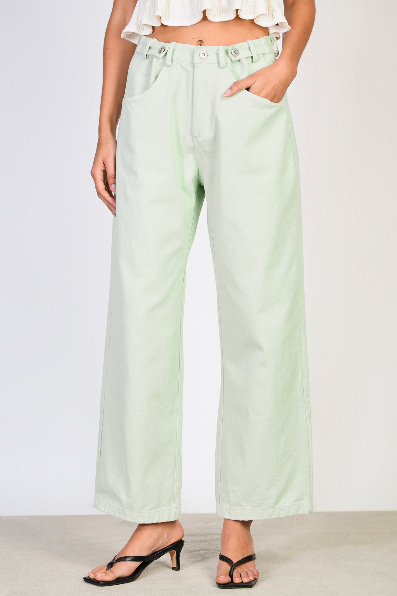 Mint green adjustable waist double button jeans_1