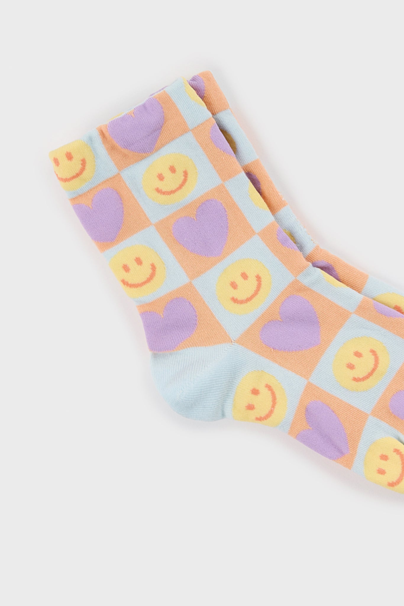 Mint green and peach smiley face heart block socks_4