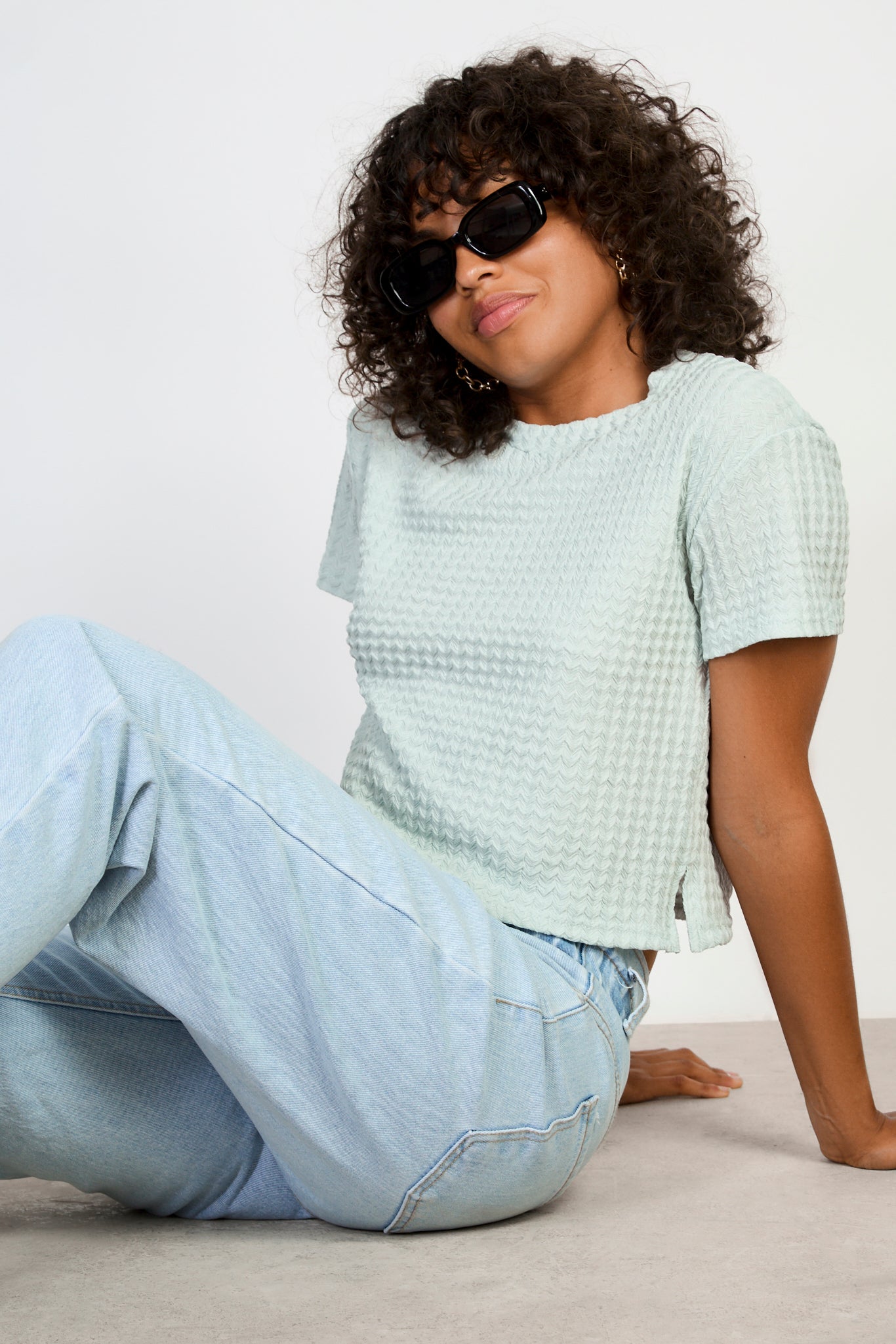 Mint green herringbone textures short sleeved top_5