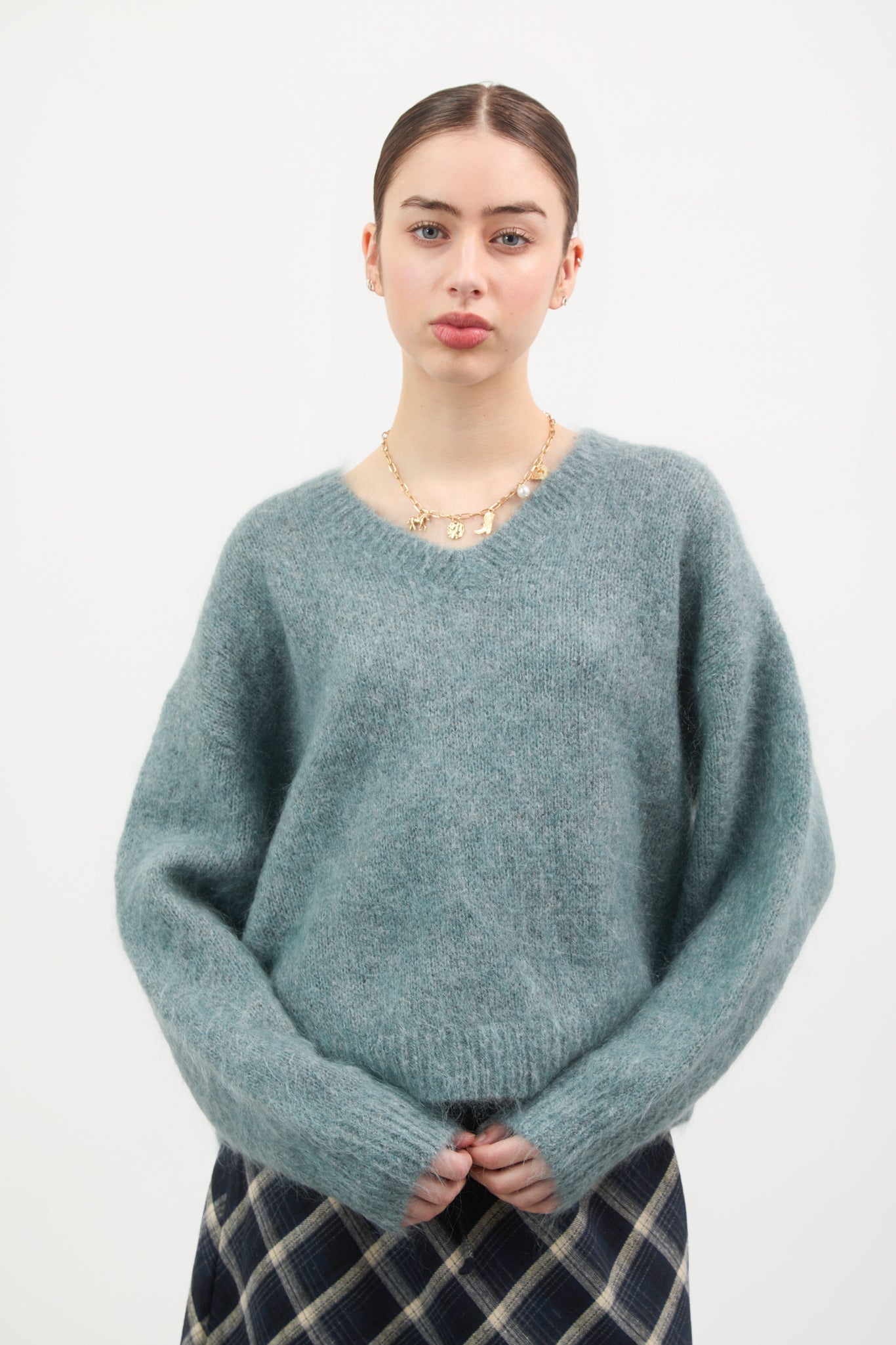 Mint green mohair wool blend V neck jumper_1
