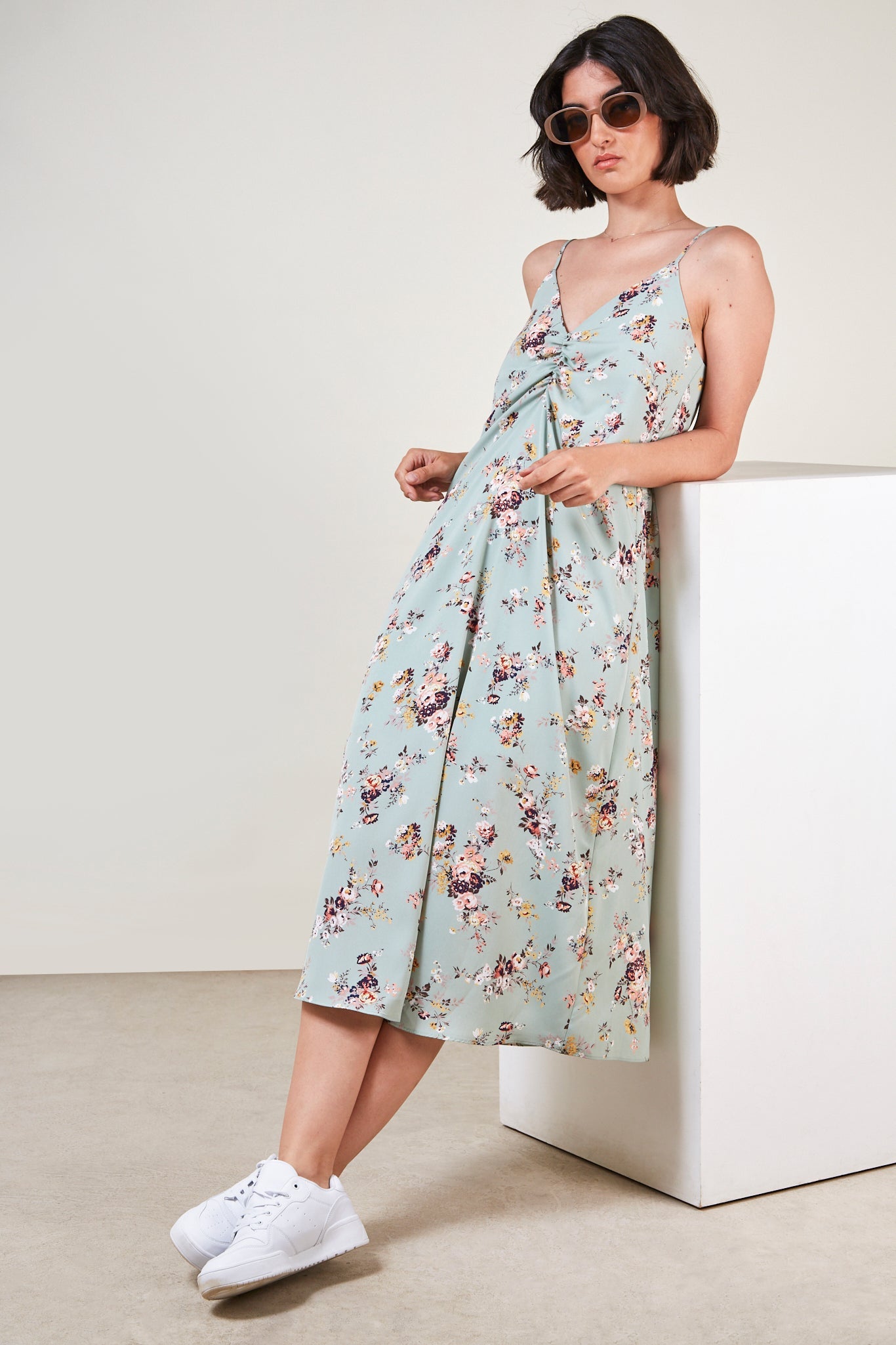 Mint green floral spaghetti strap dress_1