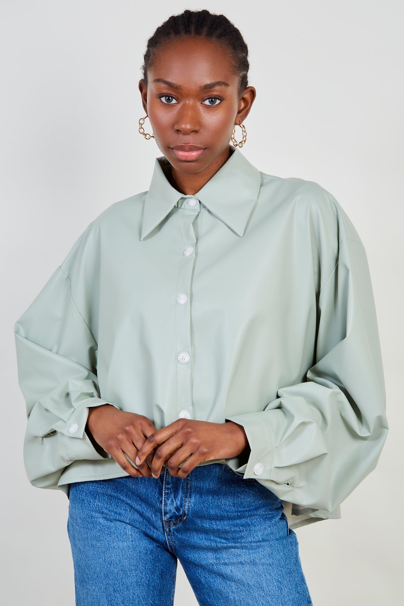 Mint vegan leather cropped shirt_1